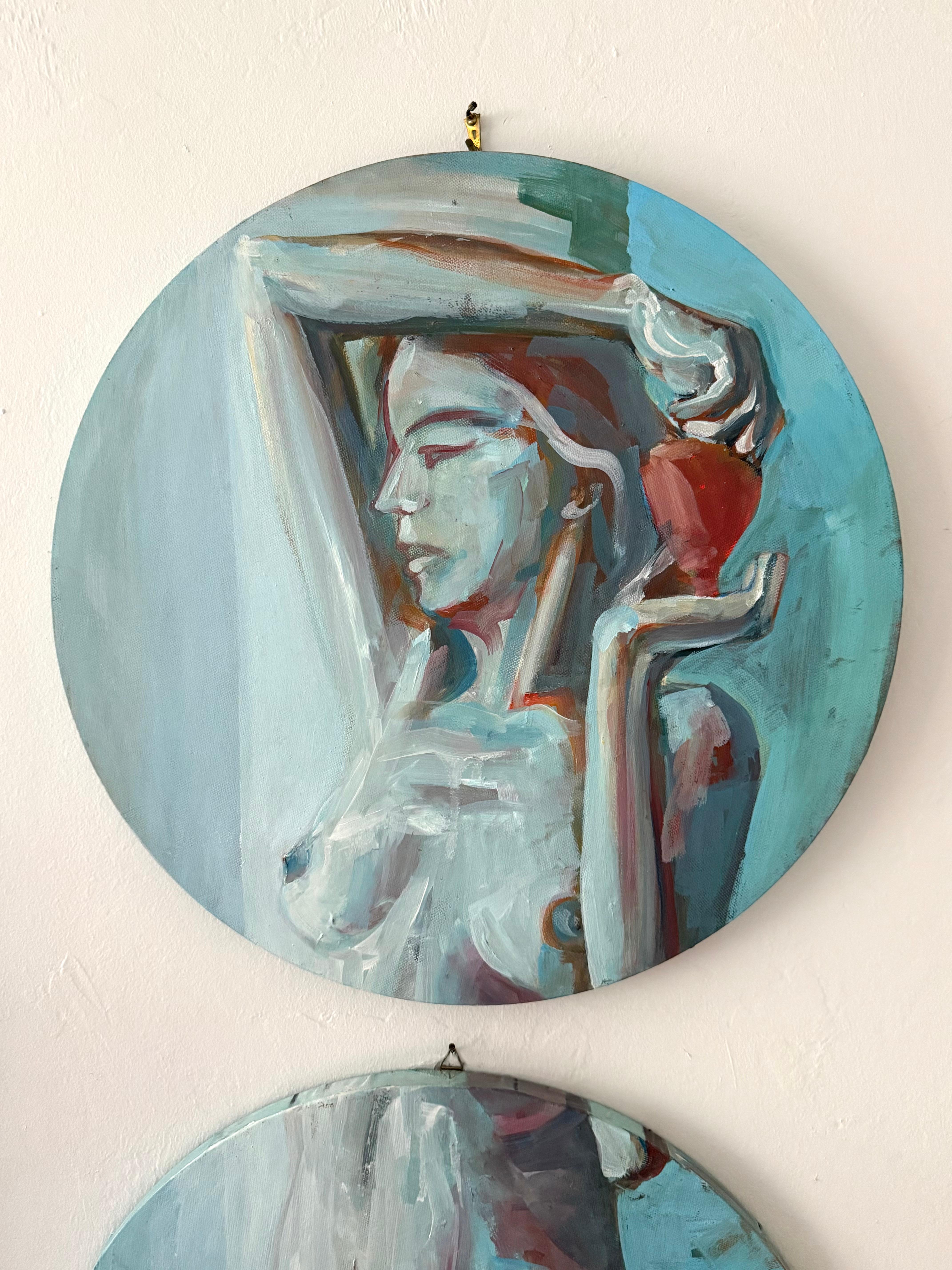 NUDE with RED GLASS 3 round canvases 20 in each - Painting by Paula Craioveanu