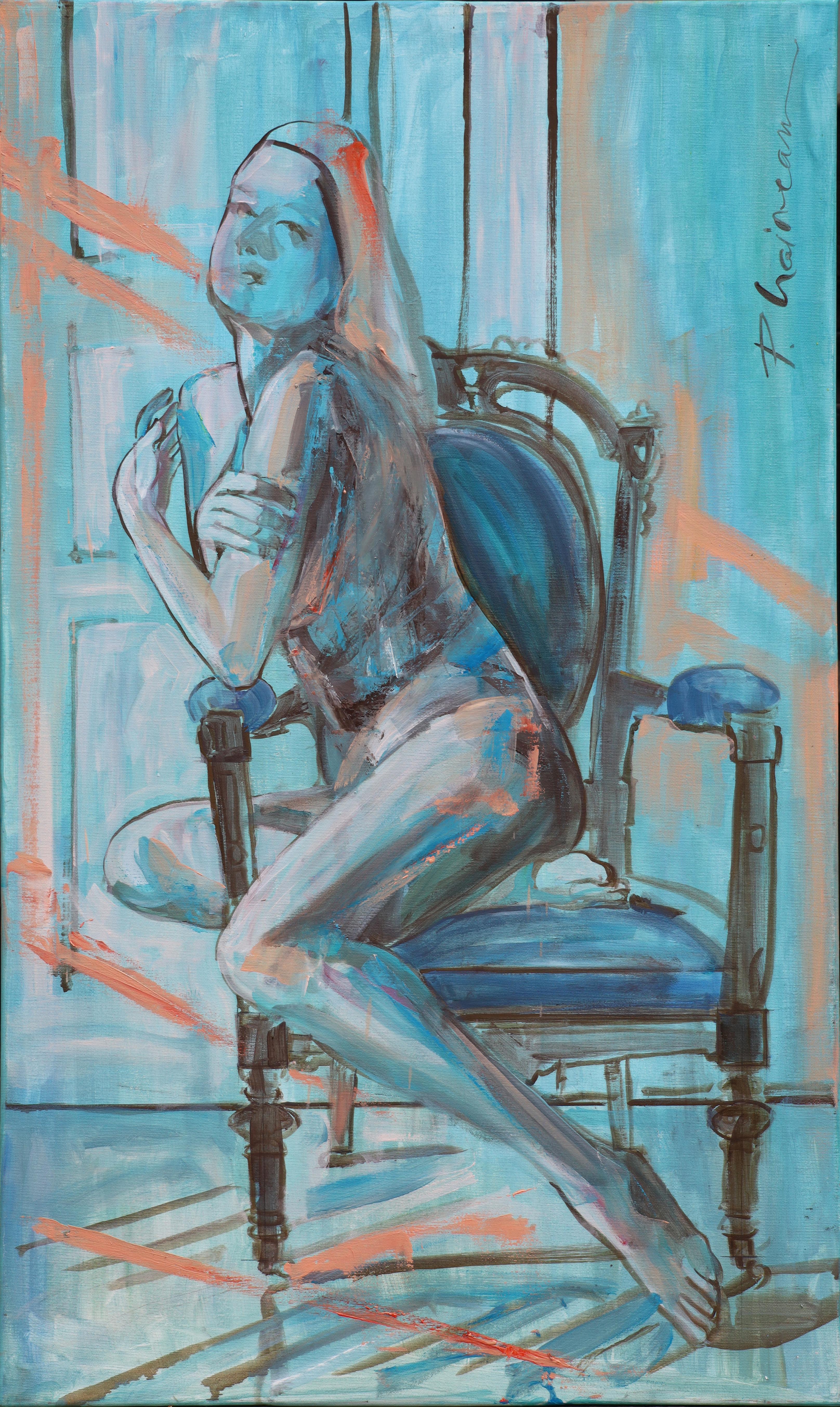 Lever du soleil  ( Nu sur fauteuil 4), peinture originale de Paula Craioveanu 39 x 23 pouces