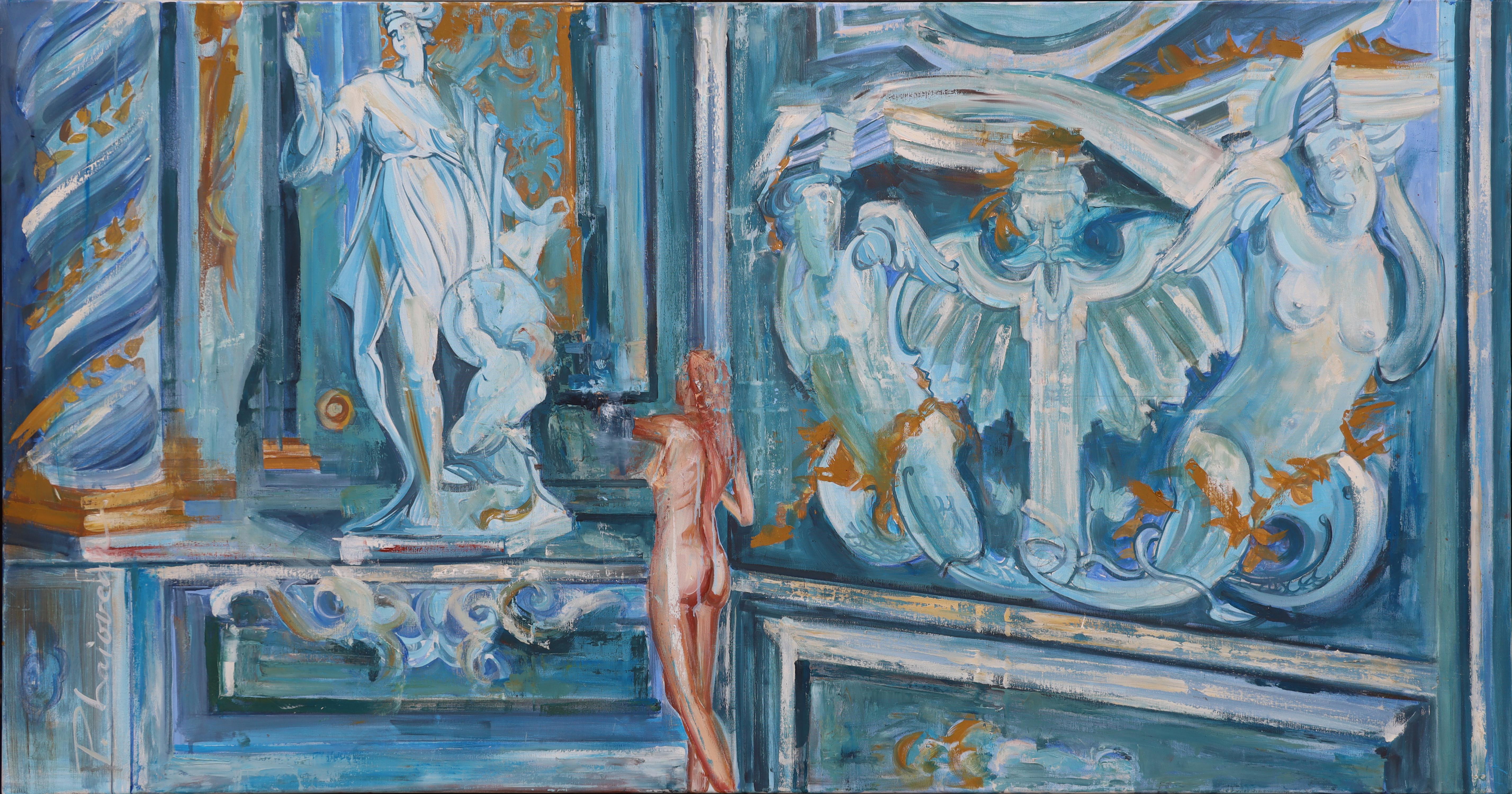 "The Fresco"
Oil on canvas
Large original, one-of-a-kind, painting - 33.5x63in / 85x160cm
Nude in a Italian Baroque interior, with blue marine painted fresco. 


Picture from the solo show "Nude in Interior" , 2022.



Shipped rolled in a tube