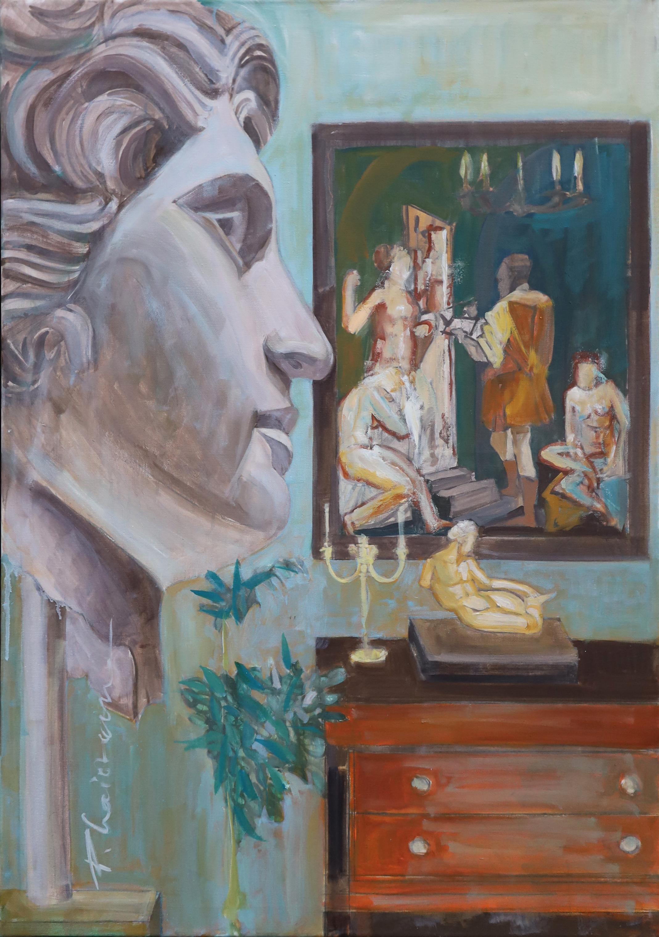 "The Painter's Studio", oil on canvas, 39x27.5in / 100x70cm

The artist's studio and art objects part of his life and work. A sculpture, an antique head and a painting that reminds us of Vasari's depiction of his studio.  Painting within a painting,