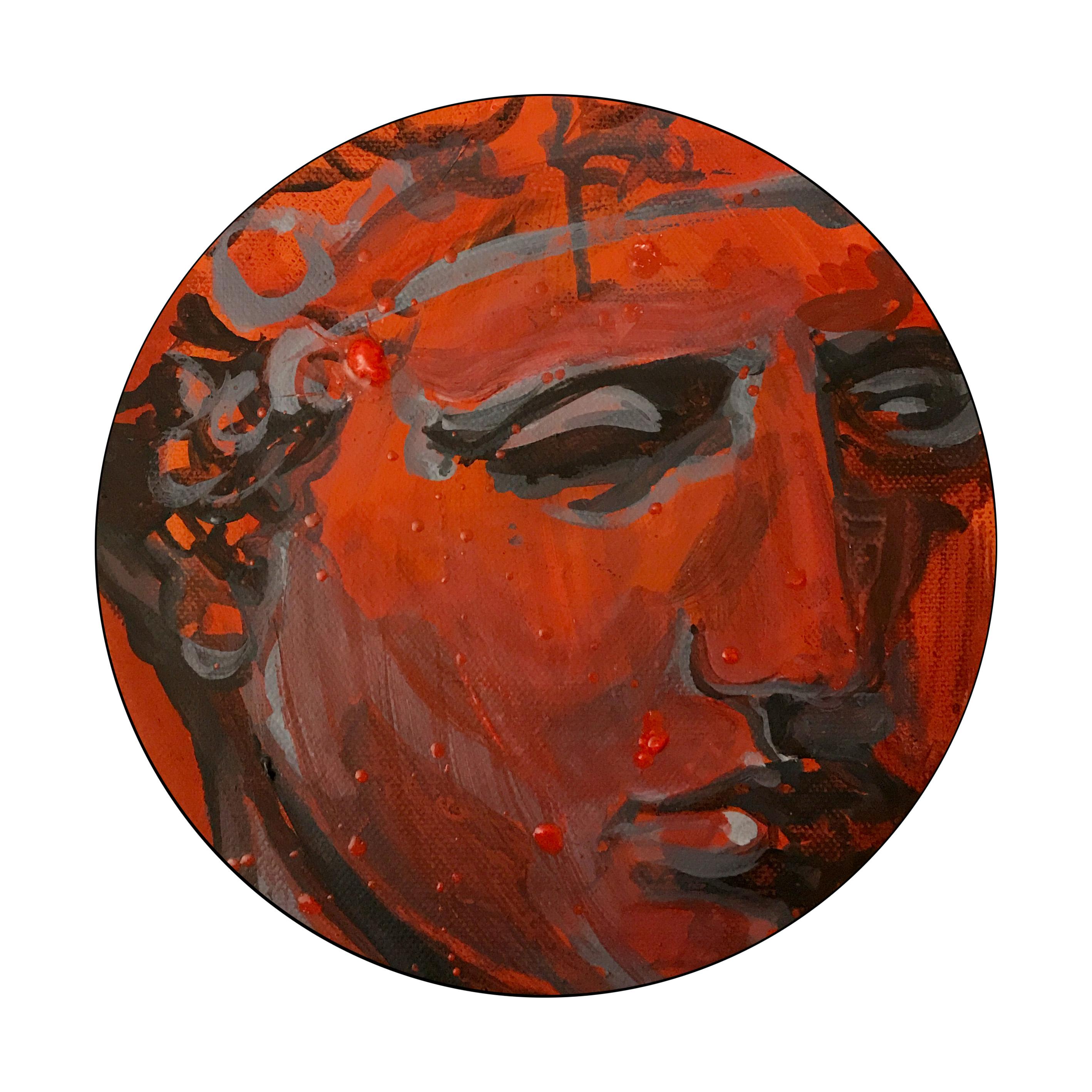 The Warrior - Einzigartiges Werk von Paula Craioveanu, rundes Gemälde, NeoMythologie