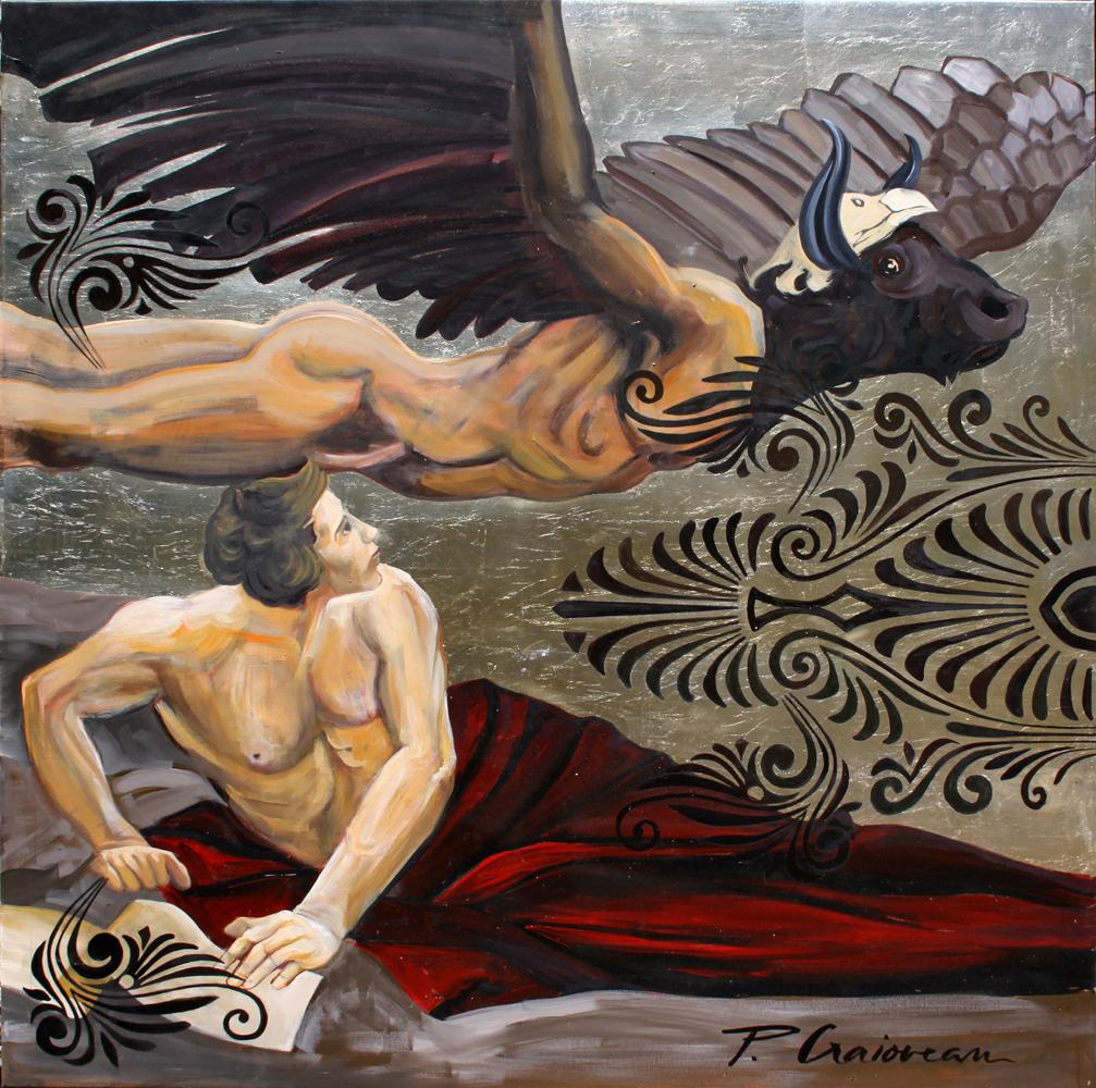 "Zeus and Ganymede", oil and silver leaf on canvas, 39x39in / 100x100cm

Inspired by the legend of Zeus and Ganymede.



Shipped as it is, stretched, directly from the artist's studio.