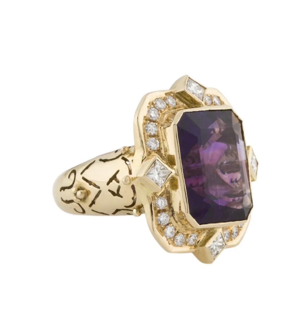 PAULA CREVOSHAY 
18K AMETHYST & DIAMOND RING

Designed and made by a collectible designer. This ring makes a gorgeous presentation.
The amethyst and the diamonds are bright and full of life.  
Don't let it get away!

18K Yellow Gold
Featuring a