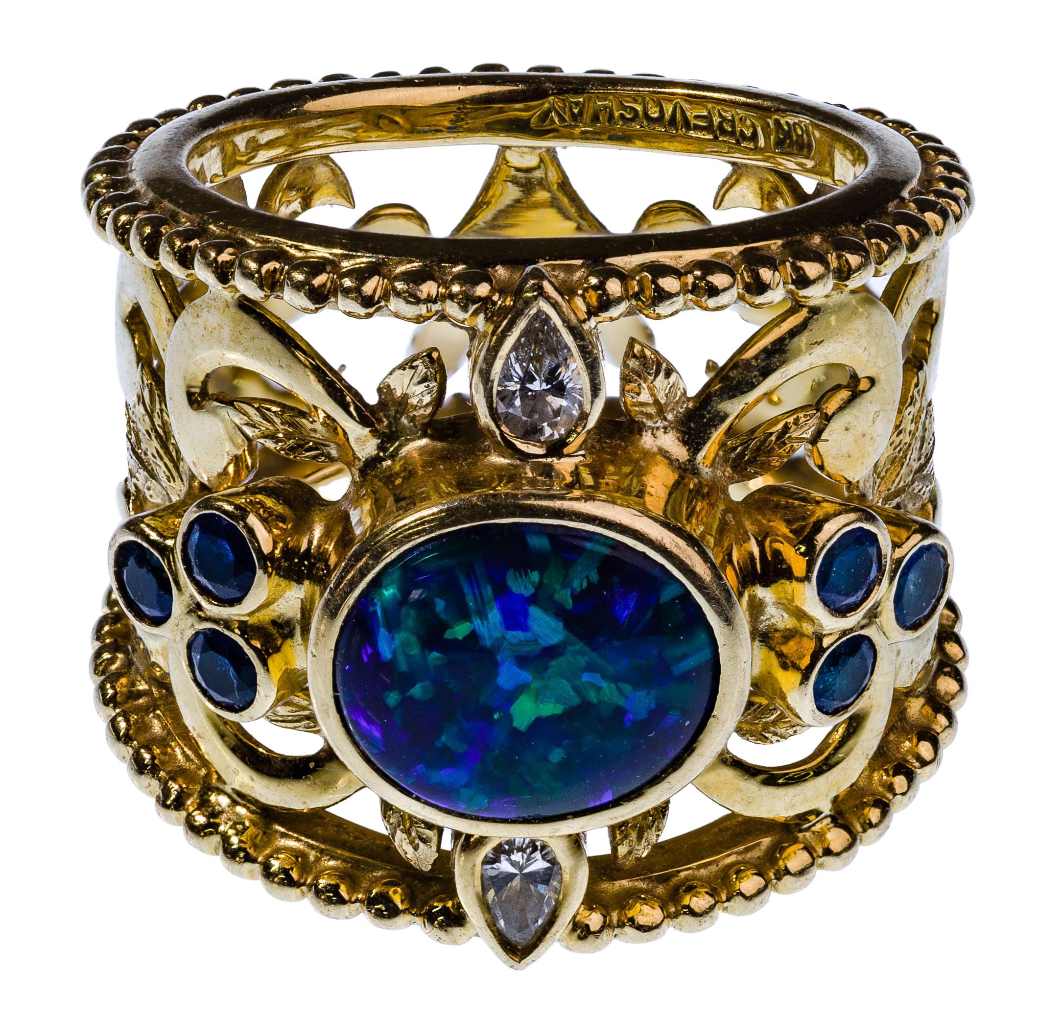 Paula Crevoshay Ring aus 18 Karat Gelbgold mit Edelsteinen und Diamanten (Ovalschliff) im Angebot