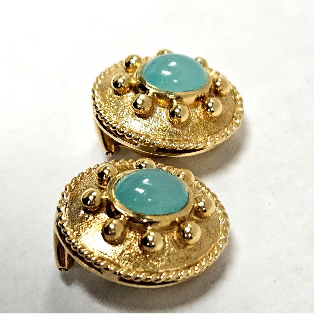 Moderno Orecchini con acquamarina in oro giallo 18kt di Paula Crevoshay - ovali cabochon, 2,5ctw in vendita