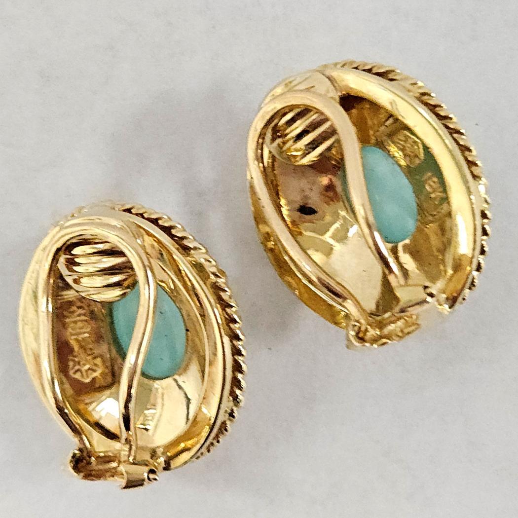 Orecchini con acquamarina in oro giallo 18kt di Paula Crevoshay - ovali cabochon, 2,5ctw In condizioni ottime in vendita a North Miami, FL
