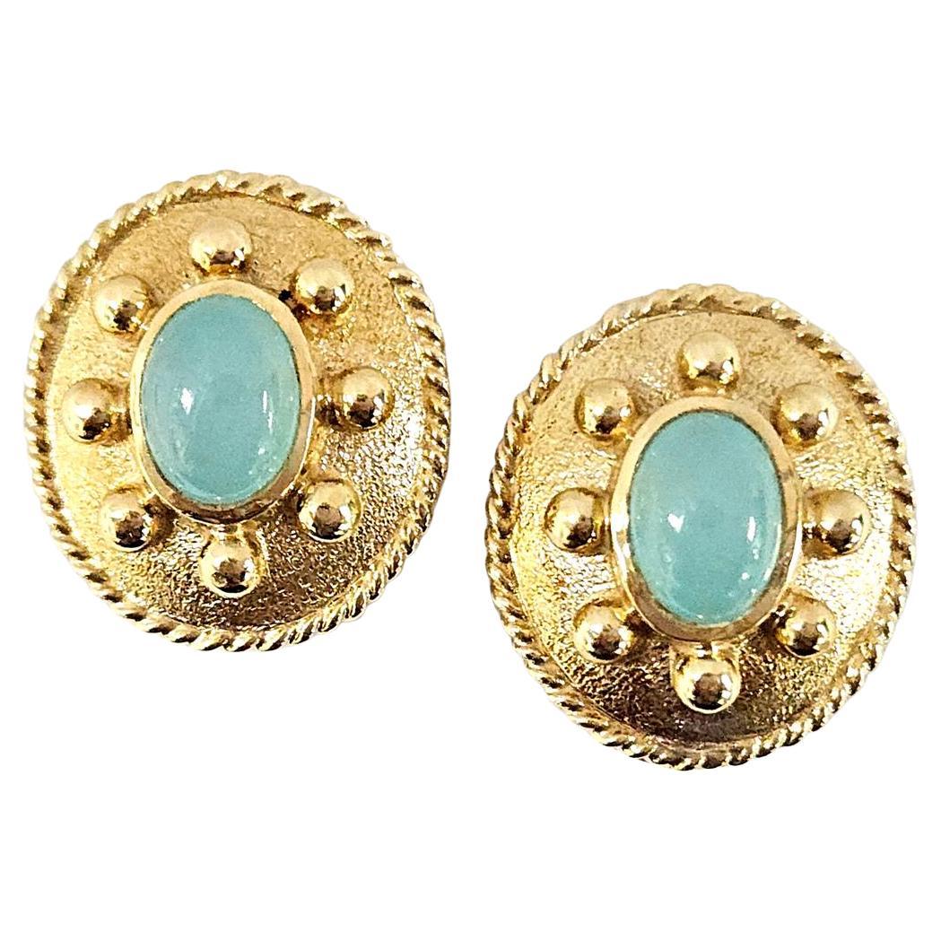 Orecchini con acquamarina in oro giallo 18kt di Paula Crevoshay - ovali cabochon, 2,5ctw in vendita