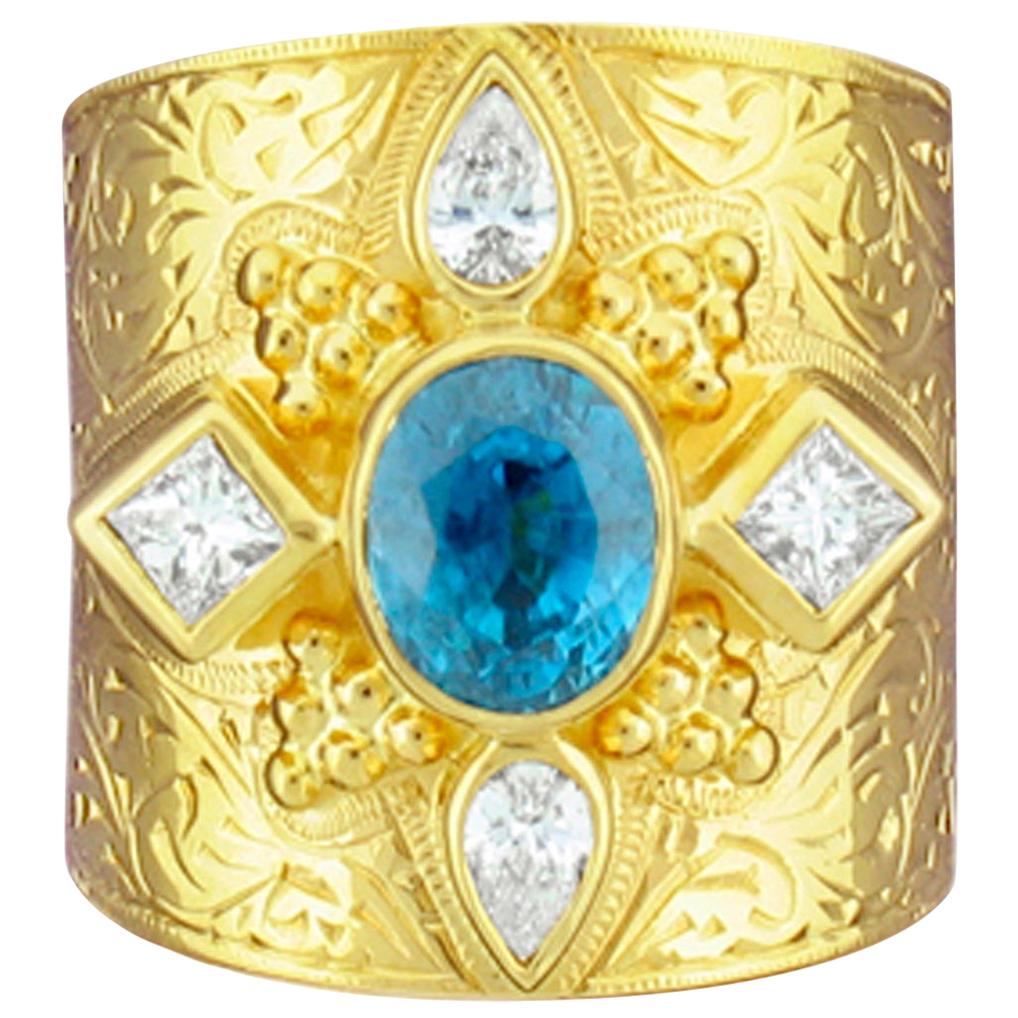 Paula Crevoshay, bague jonc en or avec zircon bleu et diamants en vente