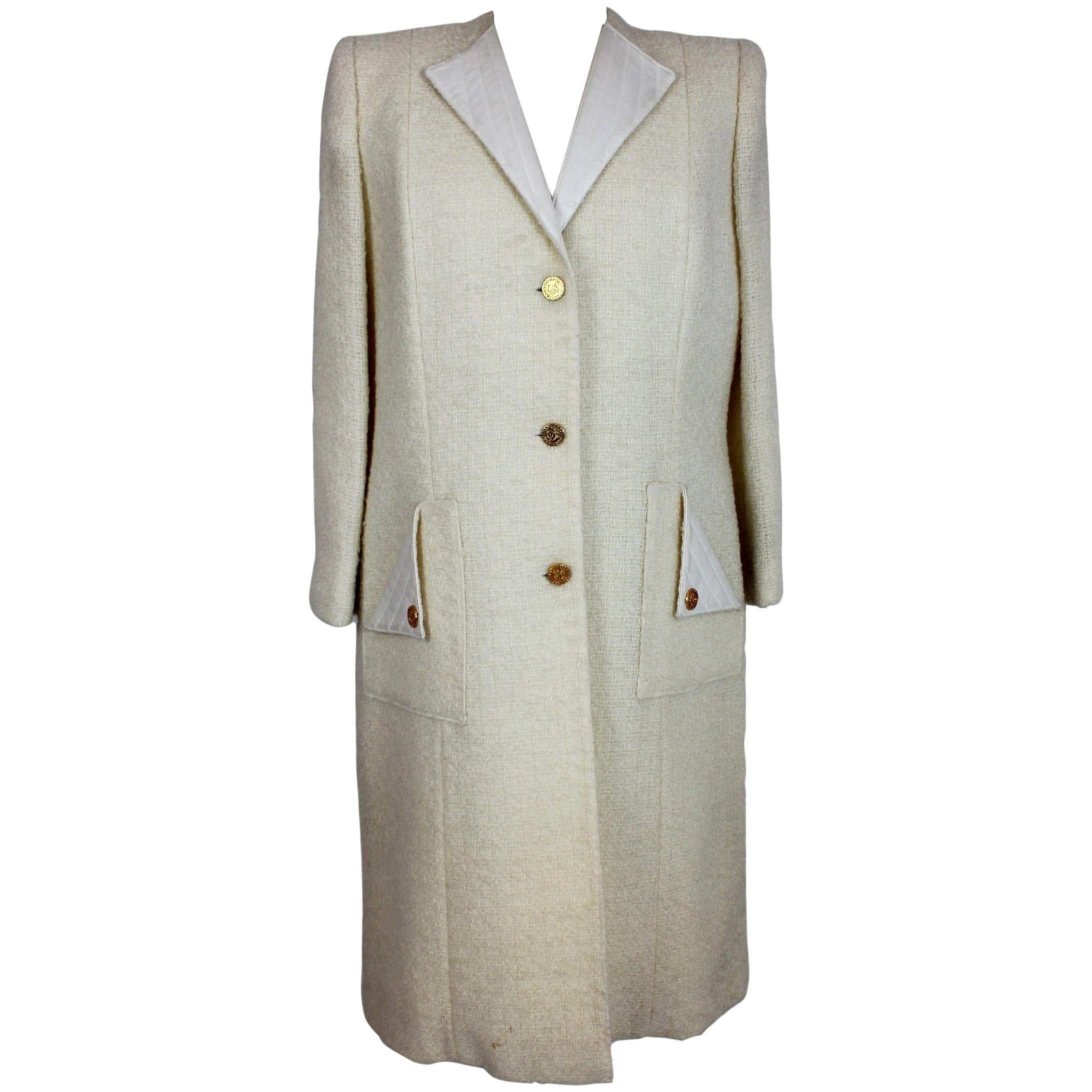 Paula Klein White Wool Matelasse Long Evening Coat 1980s  For Sale