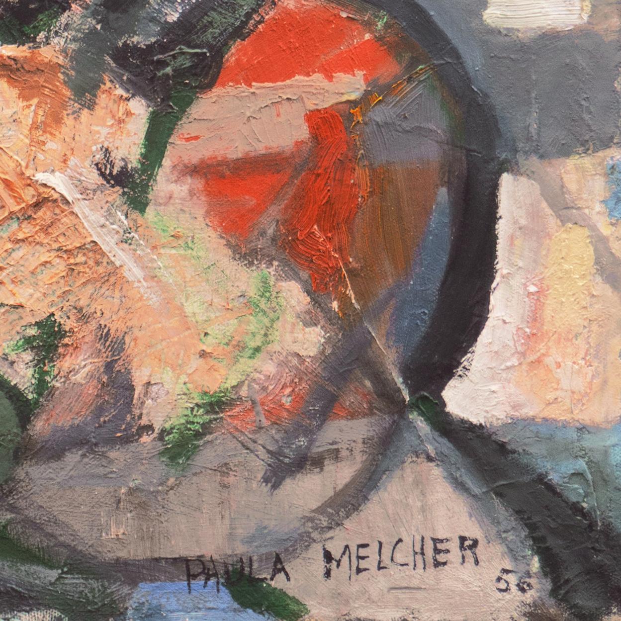 „Man Playing a Banjo“, amerikanisches figurales Ölgemälde des Kubismus aus der Mitte des Jahrhunderts, fünfziger Jahre – Painting von Paula Melcher