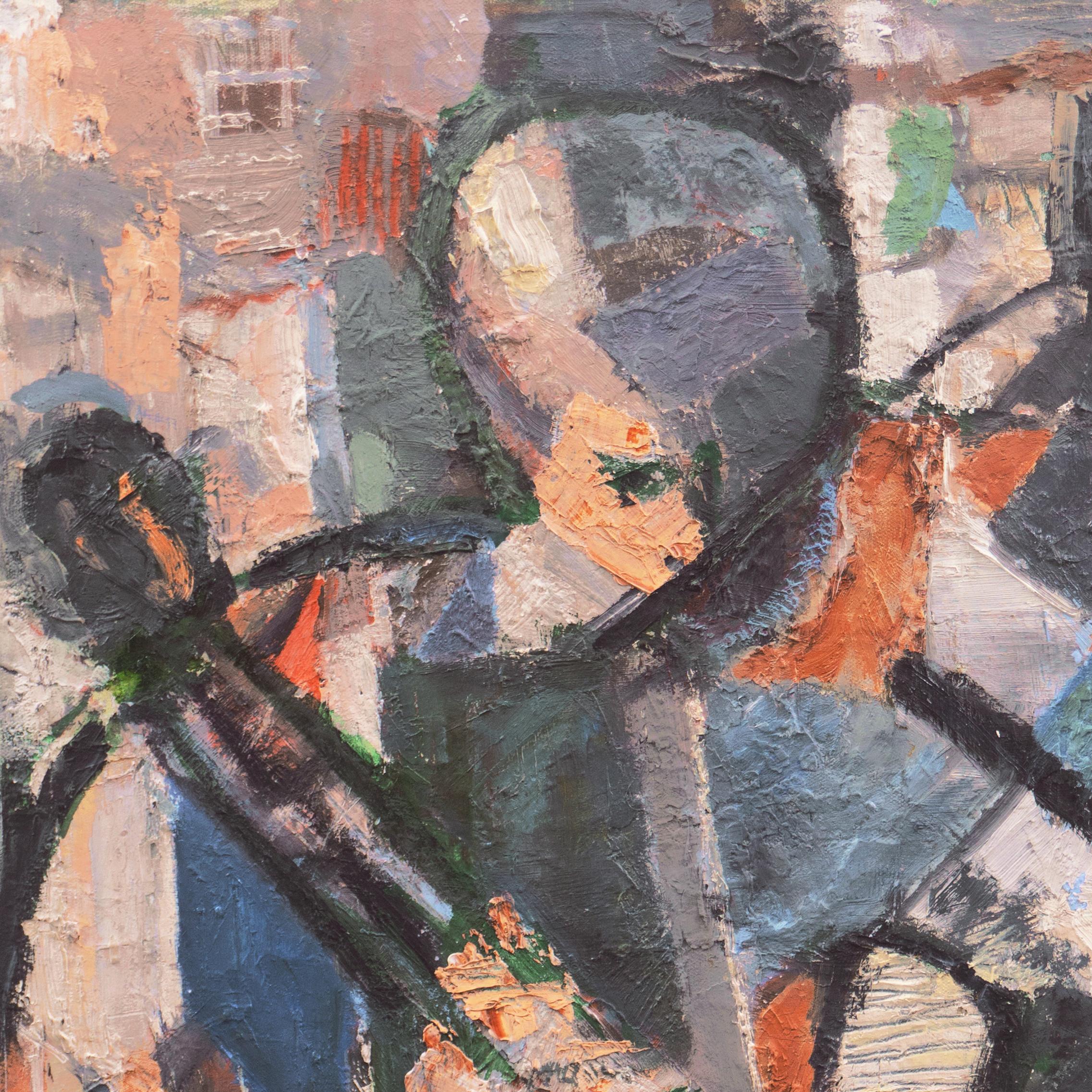„Man Playing a Banjo“, amerikanisches figurales Ölgemälde des Kubismus aus der Mitte des Jahrhunderts, fünfziger Jahre (Grau), Abstract Painting, von Paula Melcher