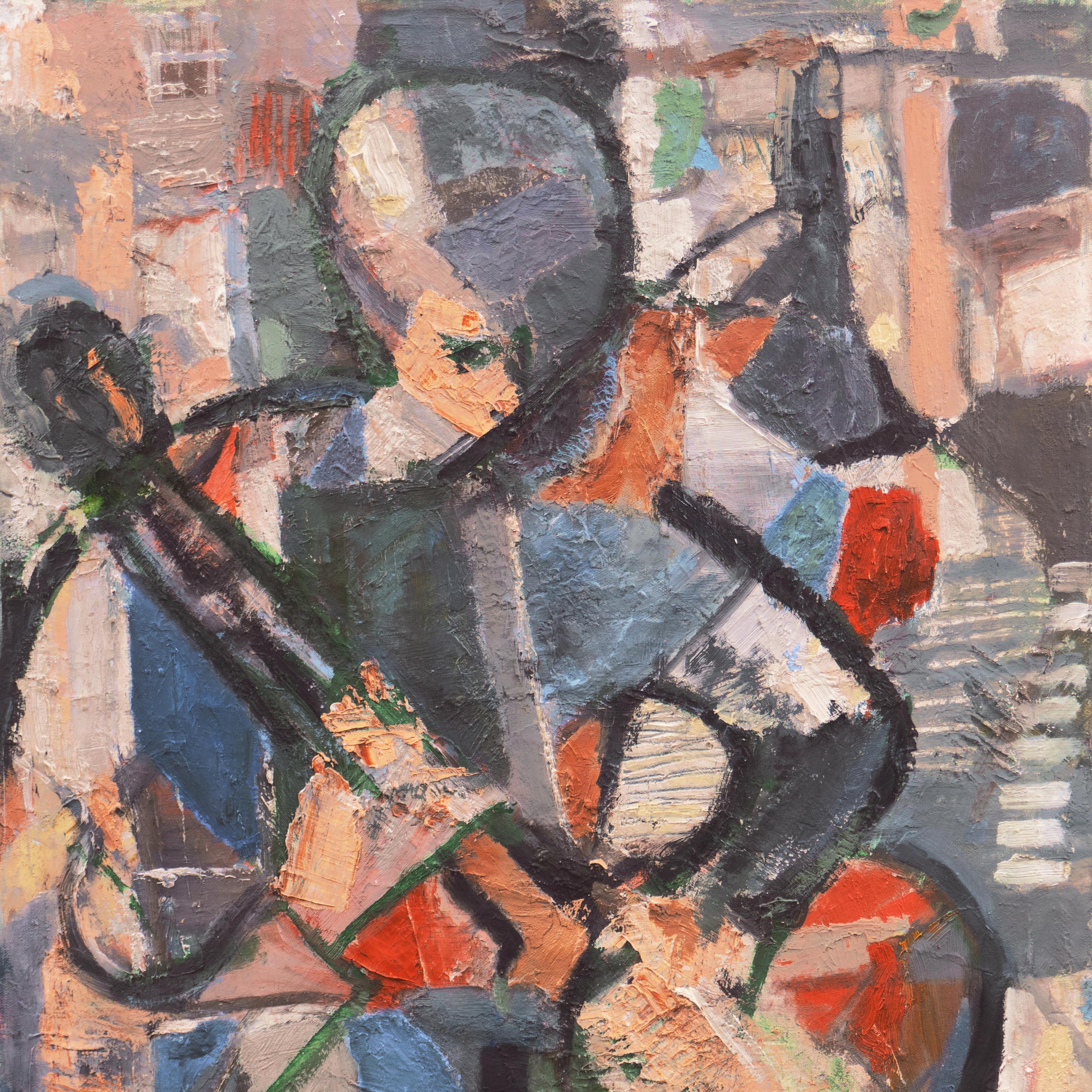 'Man Playing a Banjo', American Mid-Century Cubist-Derived Figural Oil, Fifties - Gray Figurative Painting by Paula Melcher