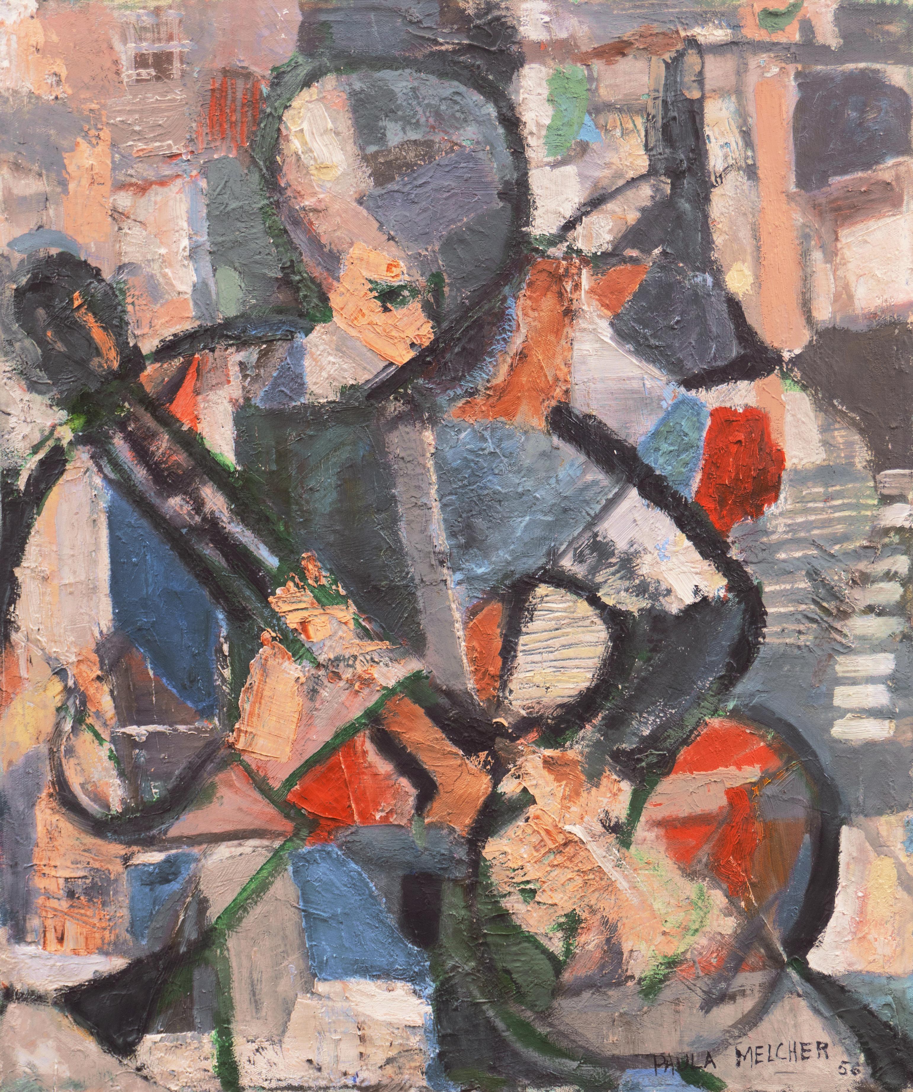 'Man Playing a Banjo', American Mid-Century Cubist-Derived Figural Oil, Fifties