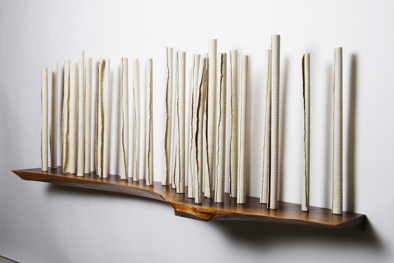 Sanctuary 54 With Walnut - porcelain birch trees on wooden shelf, wall sculpture - Sculpture by Paula Murray