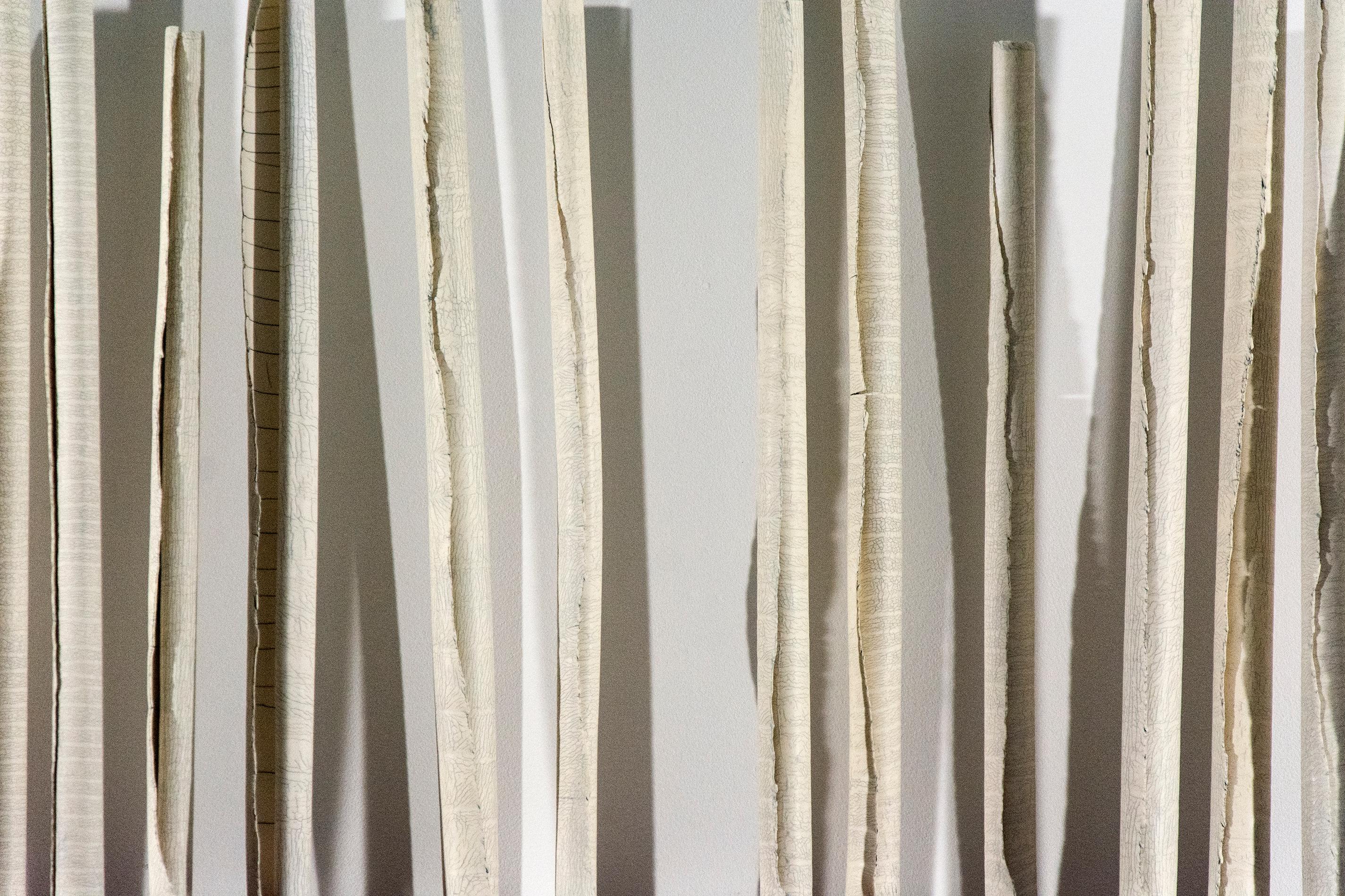 Sanctuary 54 With Walnut - porcelain birch trees on wooden shelf, wall sculpture - Contemporary Sculpture by Paula Murray