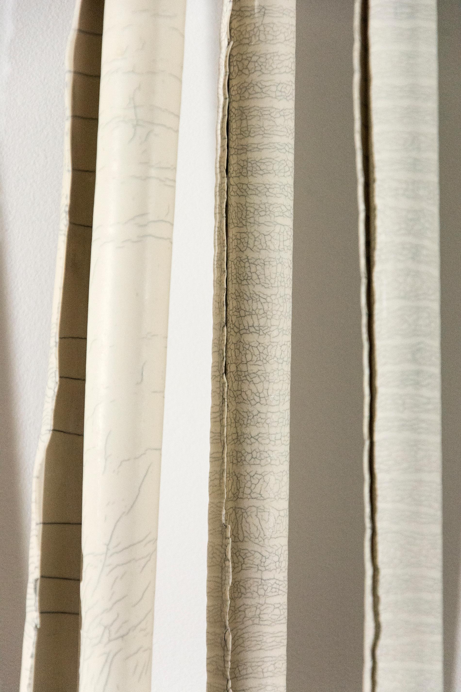 Sanctuary 54 With Walnut - porcelain birch trees on wooden shelf, wall sculpture - Brown Abstract Sculpture by Paula Murray