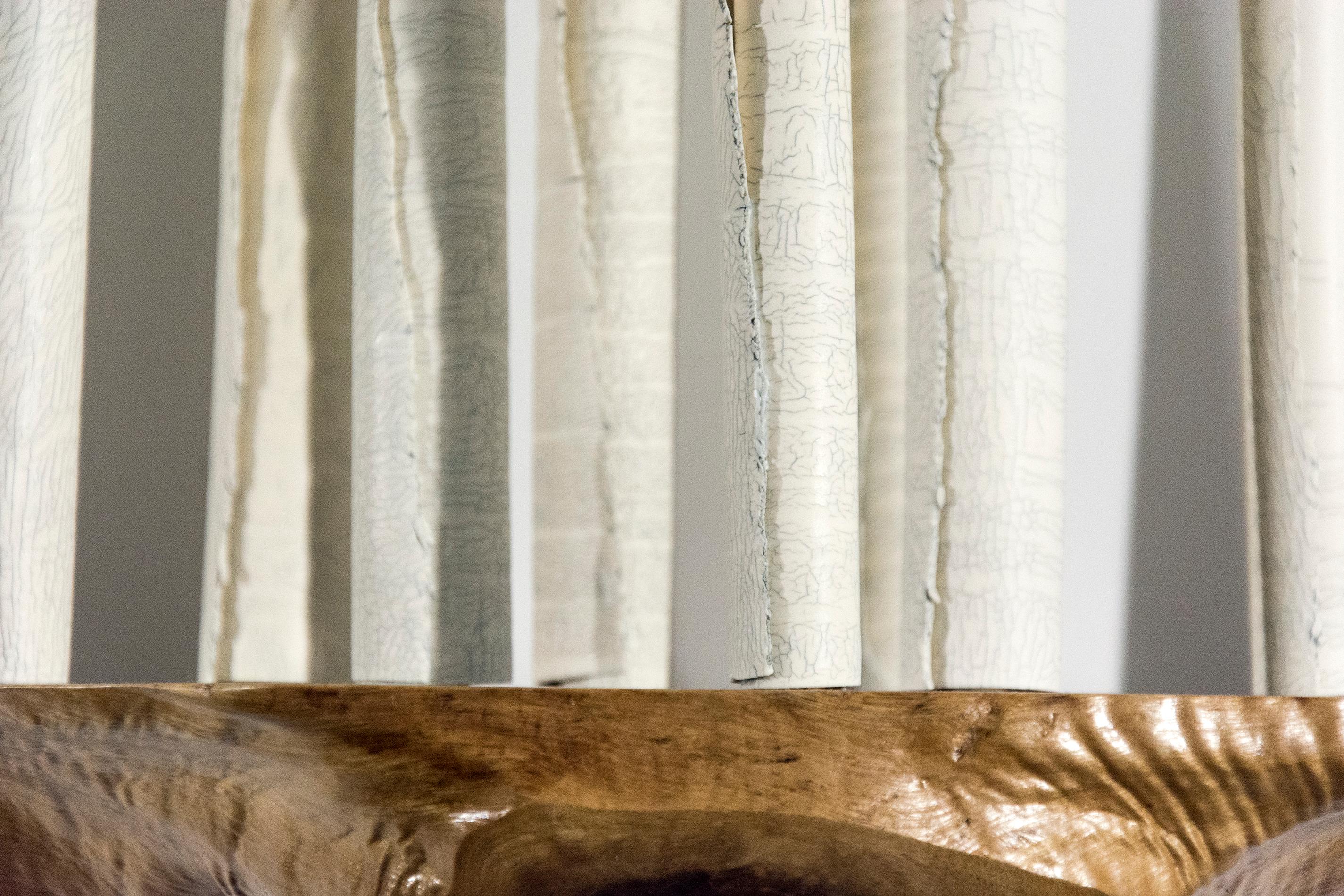 Sanctuary 54 With Walnut - porcelain birch trees on wooden shelf, wall sculpture 1