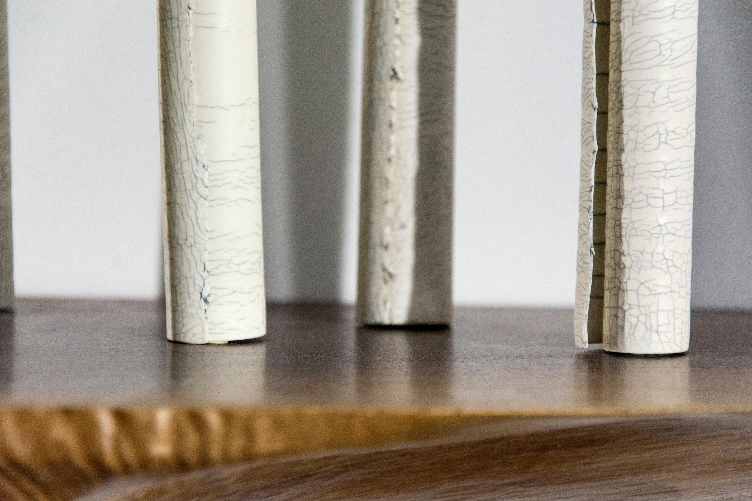 Sanctuary 54 With Walnut - porcelain birch trees on wooden shelf, wall sculpture 2