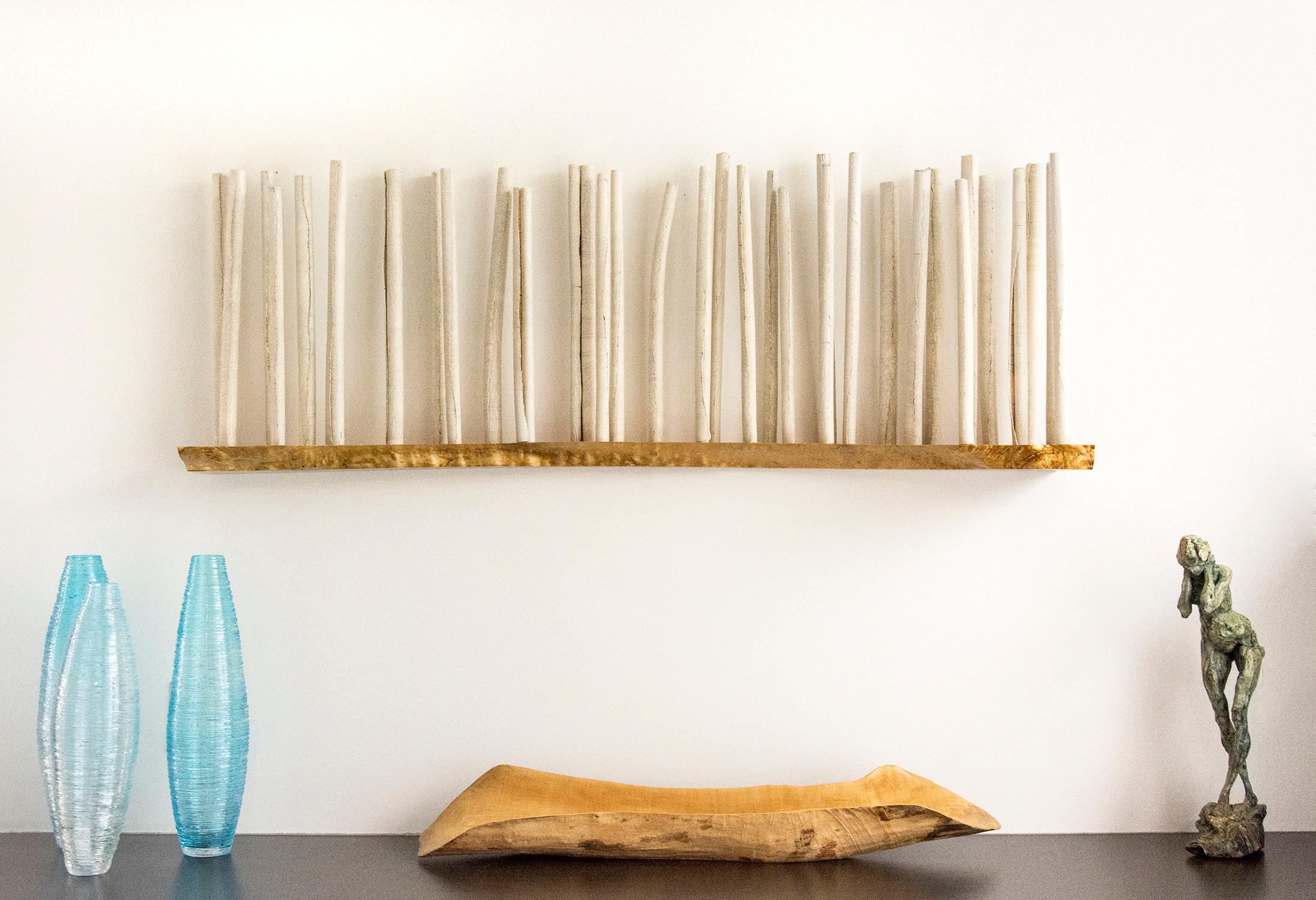 Sanctuary 54 With Walnut - porcelain birch trees on wooden shelf, wall sculpture 3