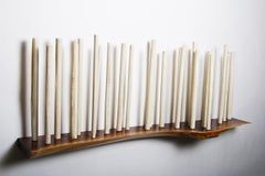 Sanctuary 54 With Walnut - porcelain birch trees on wooden shelf, wall sculpture