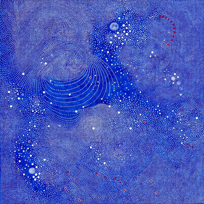 Paula Overbay Abstract Painting - Kinosis II - Abstract Blue Intricate Dot Painting on Wood Panel