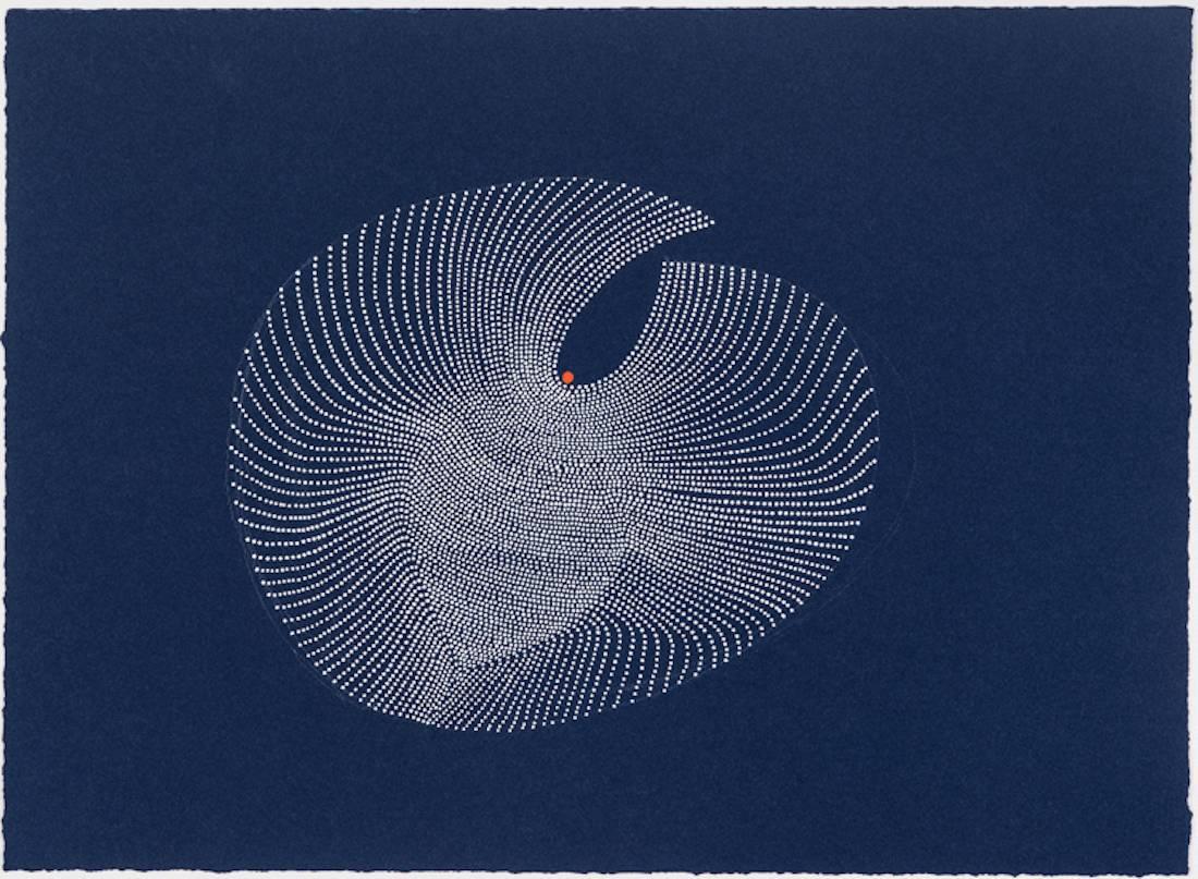 Paula Overbay Abstract Painting - Wave II - Contemporary abstract dots painting on blue painted paper