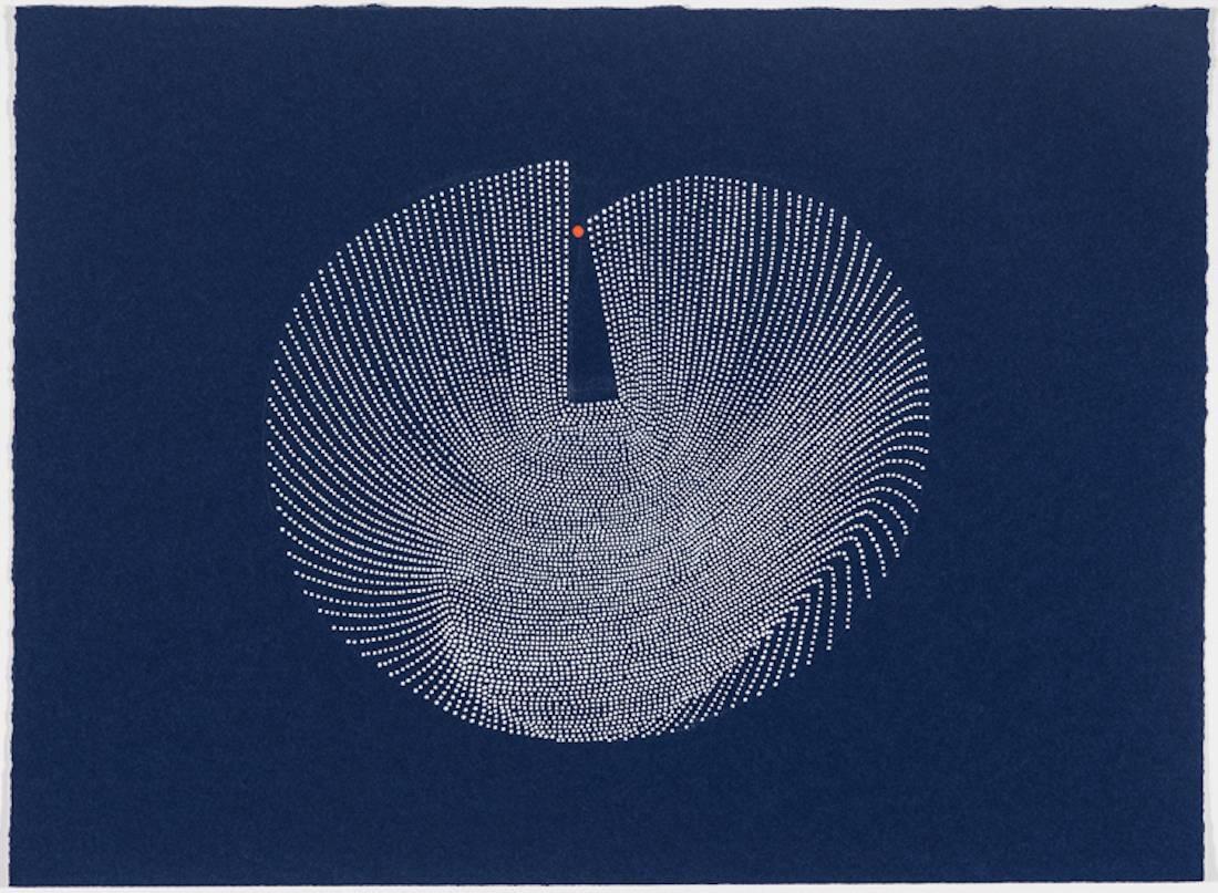 Paula Overbay Abstract Painting - Wave V - Contemporary abstract dots painting on blue painted paper