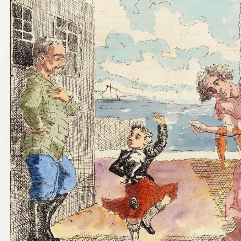 Dance to your Daddy -- Print, Etching, Hand-coloured, Father's Day, by Rego - Gray Figurative Print by Paula Rego