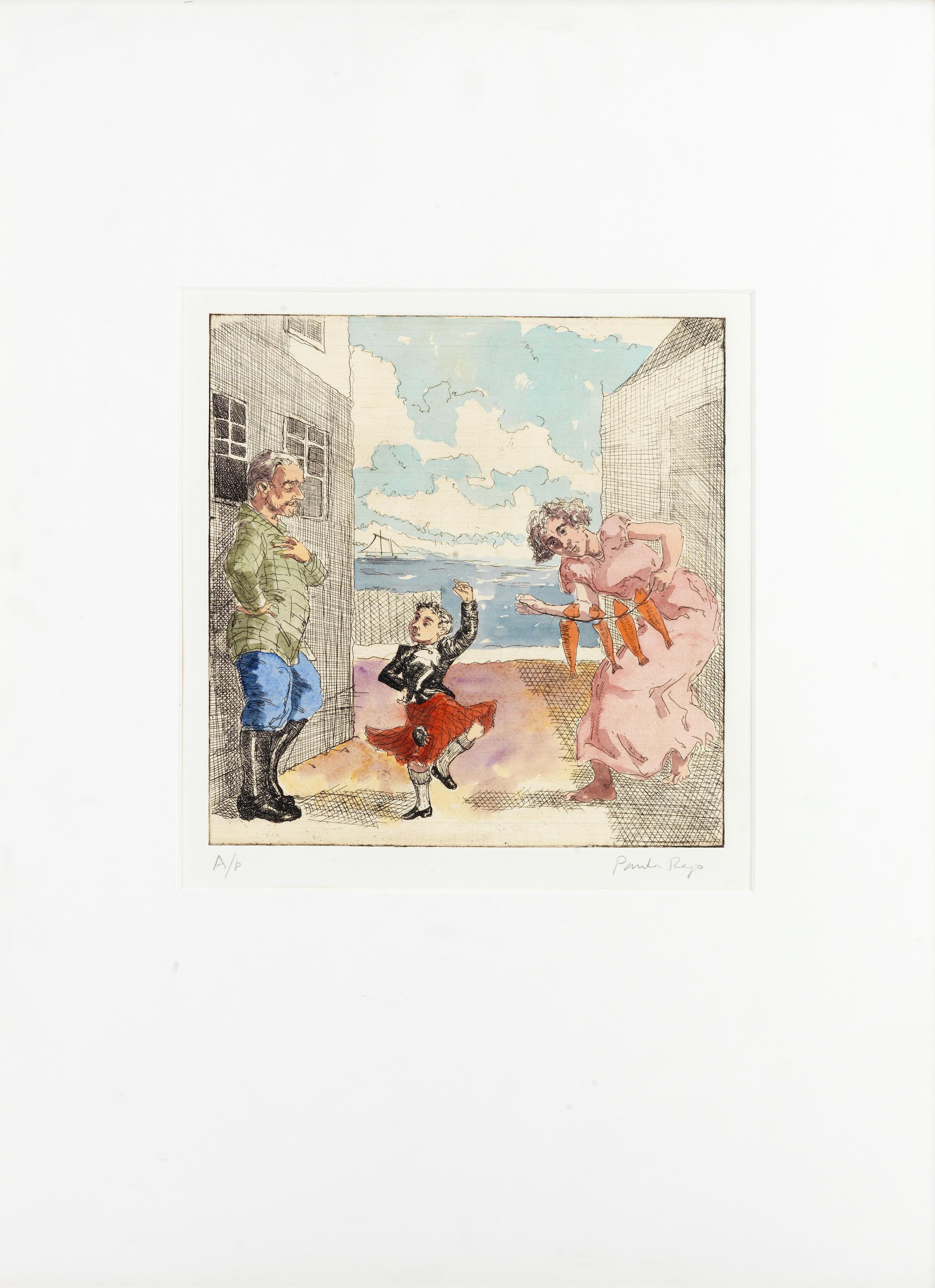 Paula Rego Figurative Print - Dance to your Daddy -- Print, Etching, Hand-coloured, Father's Day, by Rego