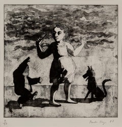 Retro Girl with Little Man and Dog -- Print, Etching, Aquatint by Paula Rego