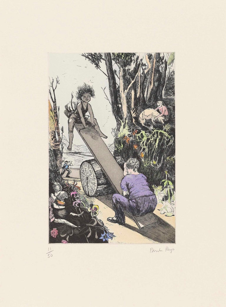 PAULA REGO
See-saw, Margery Daw, 1994 
Etching with aquatint and hand-colouring, on velin Arches
Signed and numbered from the edition of 50
From Nursery Rhymes 
Printed by Culford Press, London
Co-published by the artist and Marlborough Graphics,