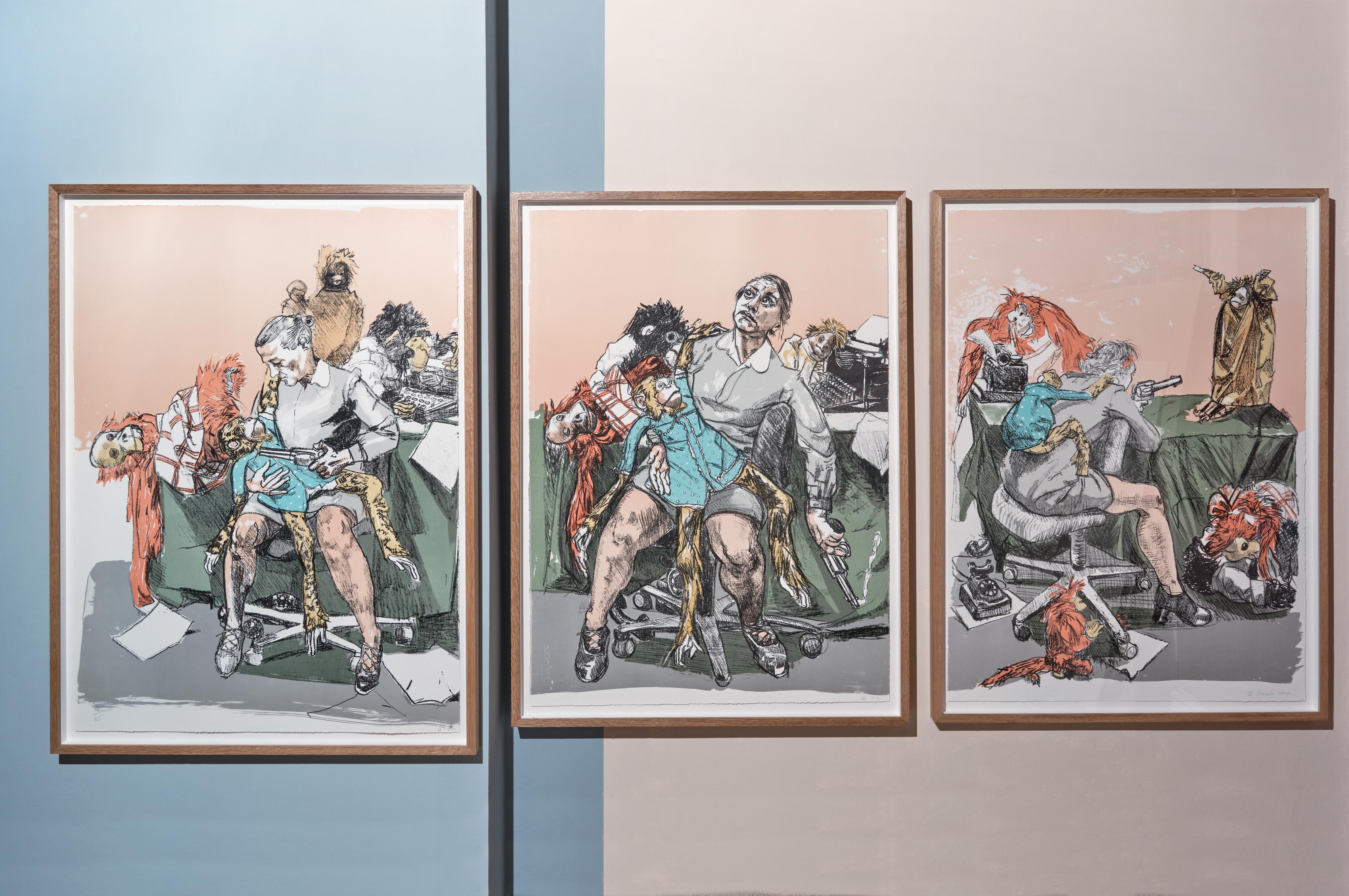 Shakespeare's Room, 2006
Paula Rego

The set of three lithographs in colours, on three sheets of Somerset Velvet 
Signed, initialled and numbered from the edition of 35 
Printed by The Curwen Studio, Cambridge
Published by the artist and Marlborough