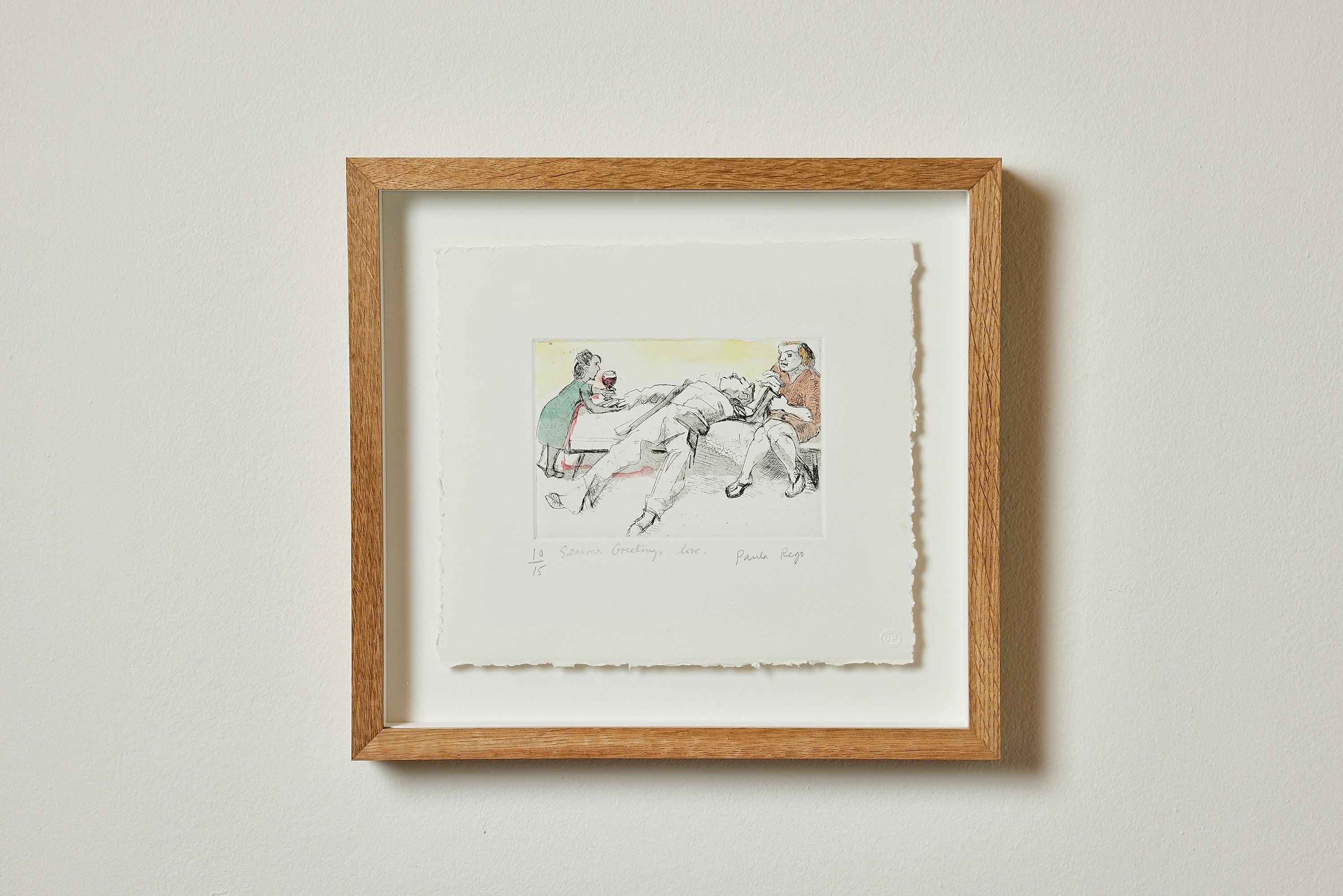 Untitled (Christmas gift), 2007
Paula Rego

Etching with hand-colouring, on wove
Signed, inscribed ‘Season’s Greetings love’ and numbered from the edition of 15
Plate: 9.8 × 14 cm (3.9 × 5.5 in)
Sheet: 20.8 × 23.2 cm (8.2 × 9.1 in)
Literature: