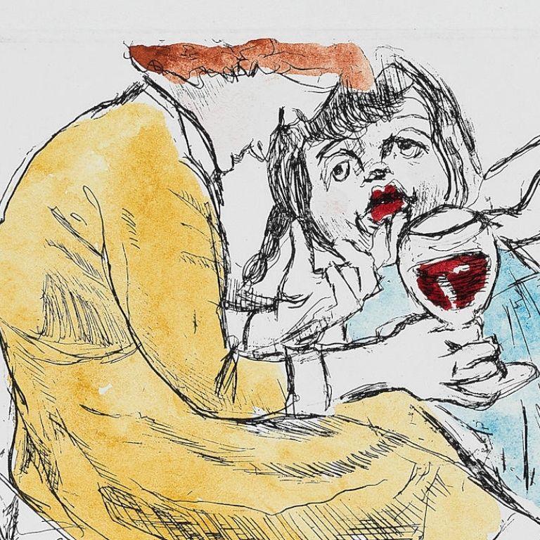 PAULA REGO
Untitled [Woman with Red Wine], 2006
Etching with hand-colouring, on wove
Signed, dated inscribed  ‘Happy Xmas 2006 love from Paula Rego’  and numbered from the edition of 15
Printed by Culford Press, London
Published by Culford Press,