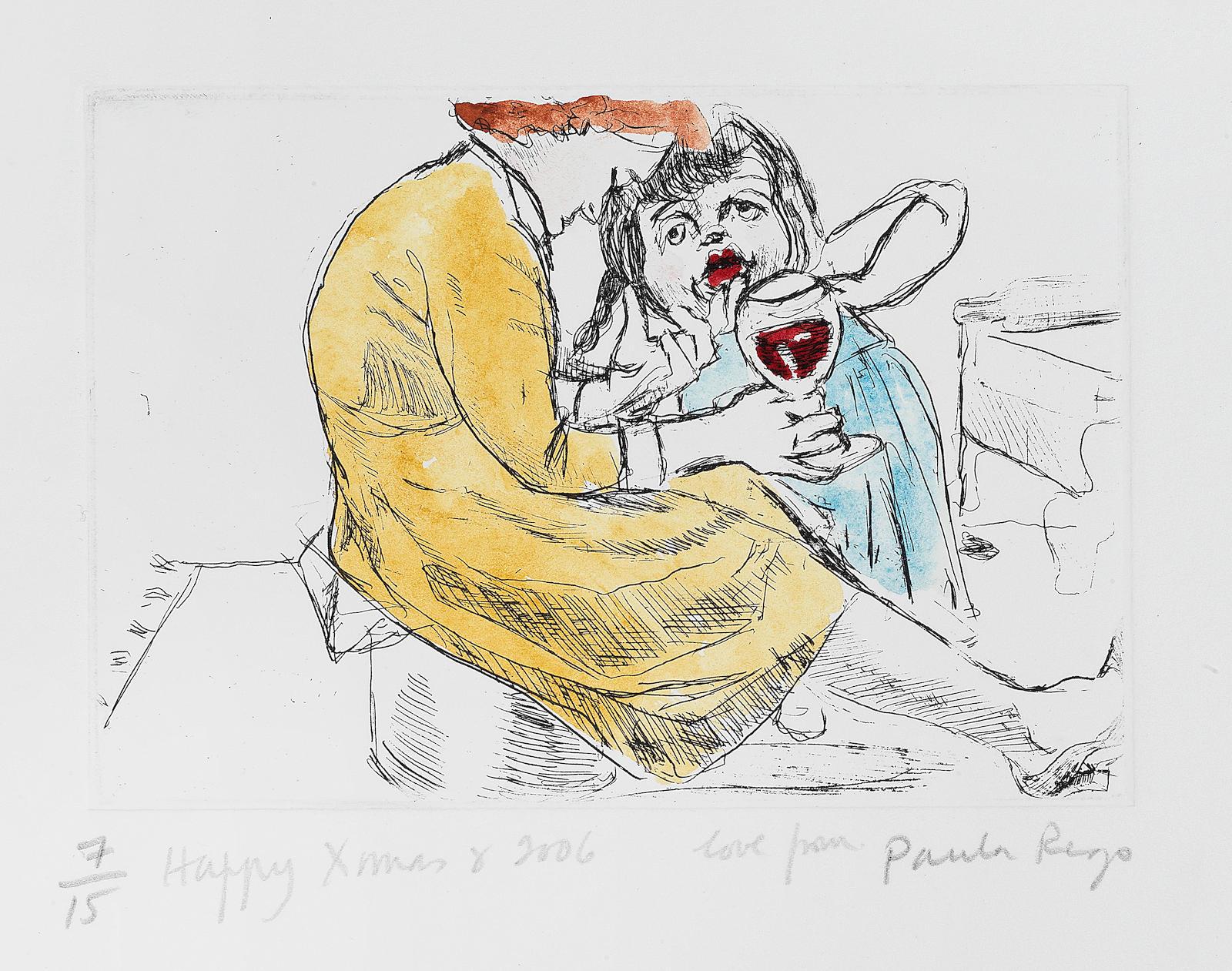 Sans titre [Femme avec du vin rouge], vers 2006
Paula Rego

Eau-forte avec coloration à la main, sur vélin
Signé, daté et inscrit  joyeux Noël 2006 - amour de Paula Rego"  et numéroté 7 de l'édition de 15.
Imprimé par Culford Press, Londres
Publié