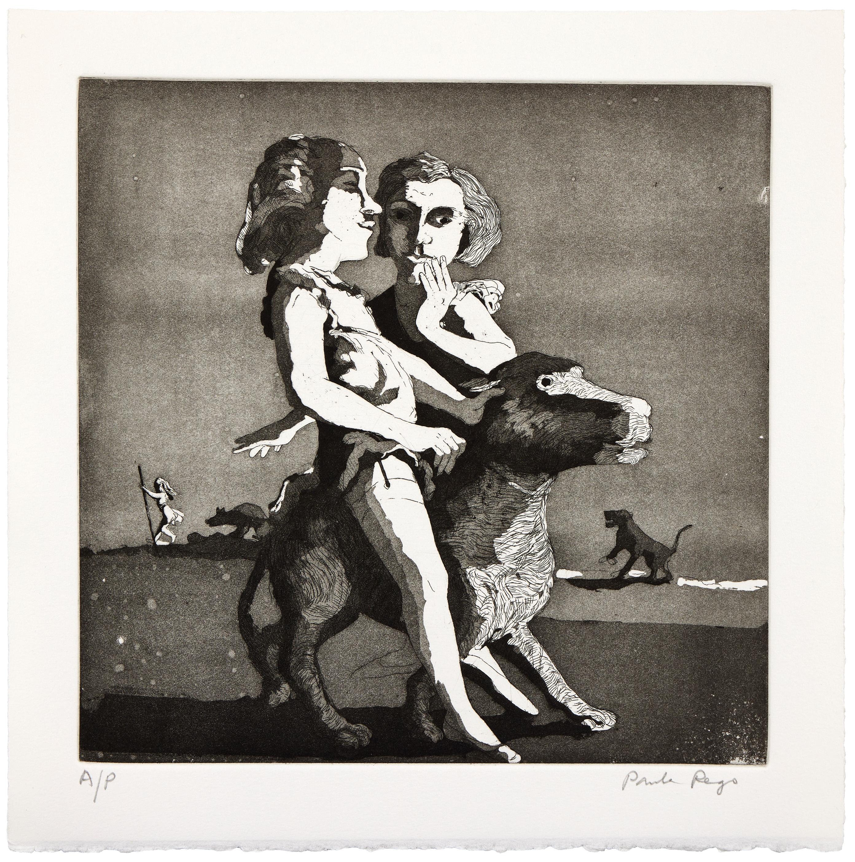 Young Predators, 1987
Paula Rego

Etching with aquatint, on wove 
Signed and inscripted A/P 
An artist’s proofs aside from the edition of 50 
Printed and published by the Royal College of Art, London 
Plate: 24.6 × 25 cm (9.7 × 9.8 in) 
Sheet: 30.5