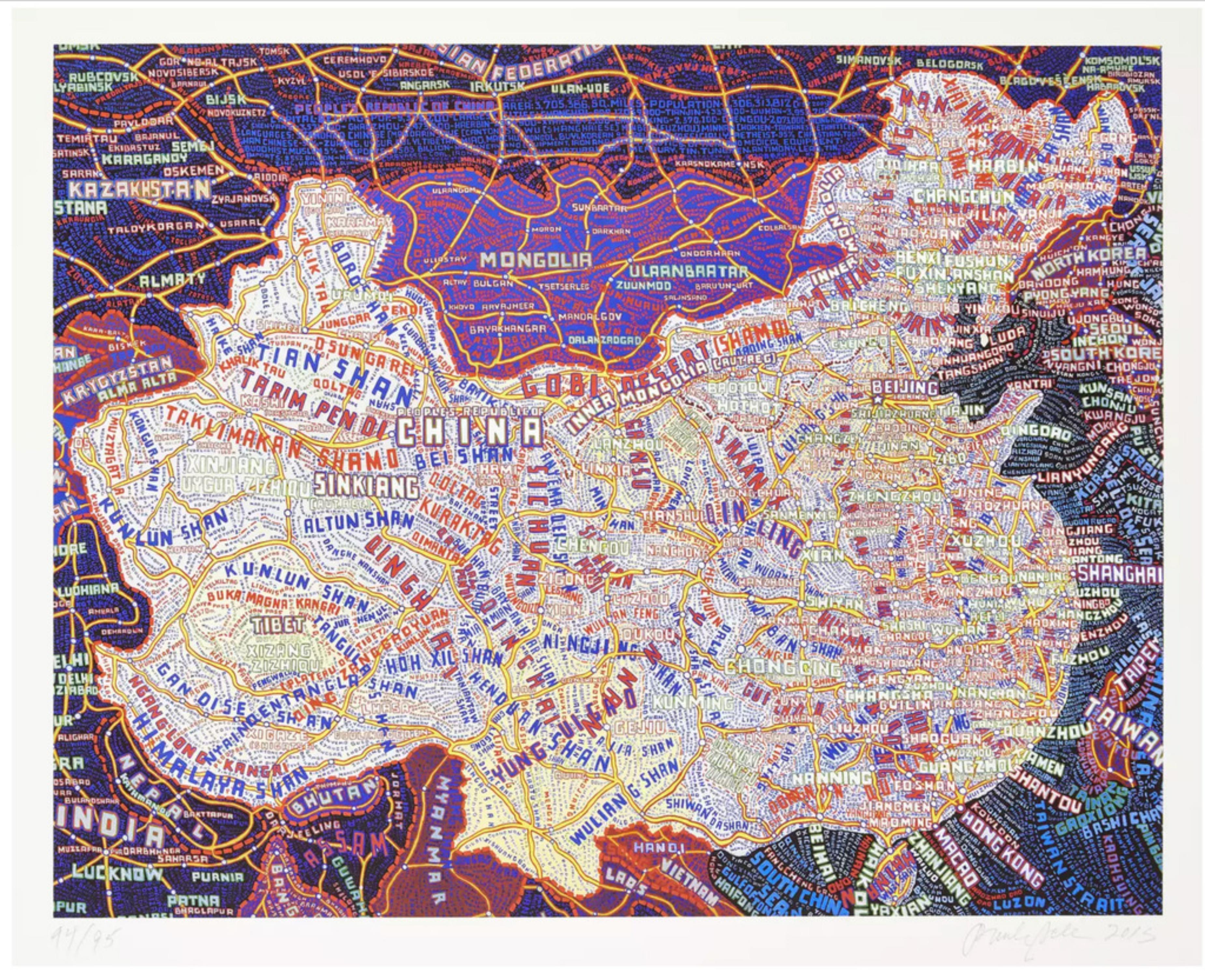 Paula Scher
China, 2013
Hand pulled silkscreen on deluxe Lanaquarelle paper
24 3/5 × 28 1/5 inches
Edition of 95: Pencil signed and numbered on the front
Unframed

Paula Scher Biography
Renowned graphic designer and artist Paula Scher
s silkscreen