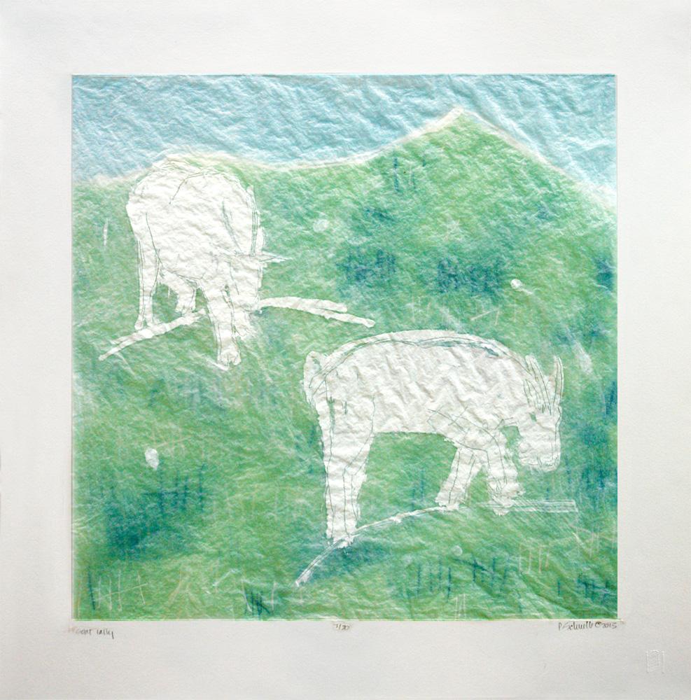 Goat Tally 7/20 (whimsical, goats, mountainside, sea foam green) - Print by Paula Schuette Kraemer