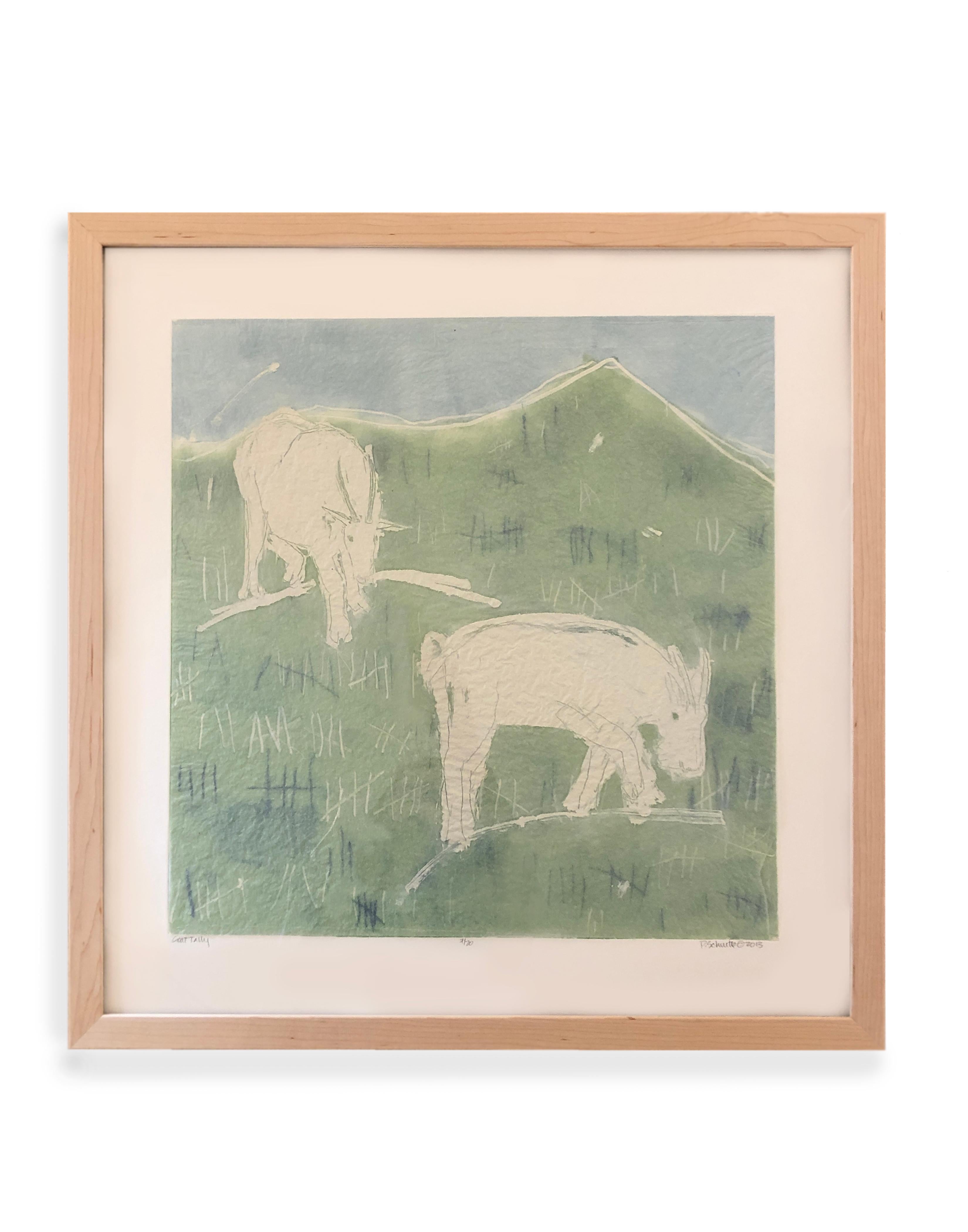 Paula Schuette Kraemer Animal Print - Goat Tally 7/20 (whimsical, goats, mountainside, sea foam green)