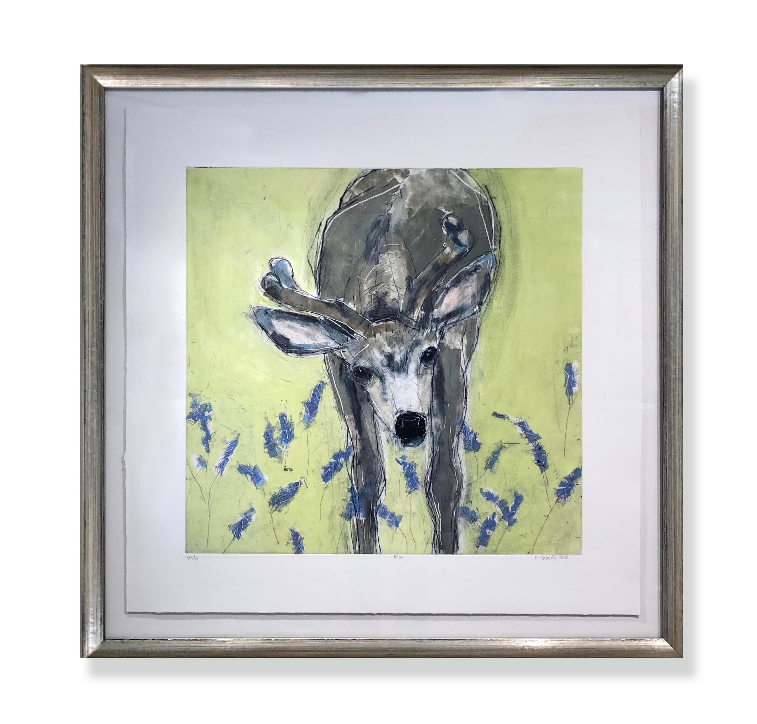 Paula Schuette Kraemer Animal Print - Hello 7/20 (deer, whimsy, curious, celadon, gray, blue, black, white)