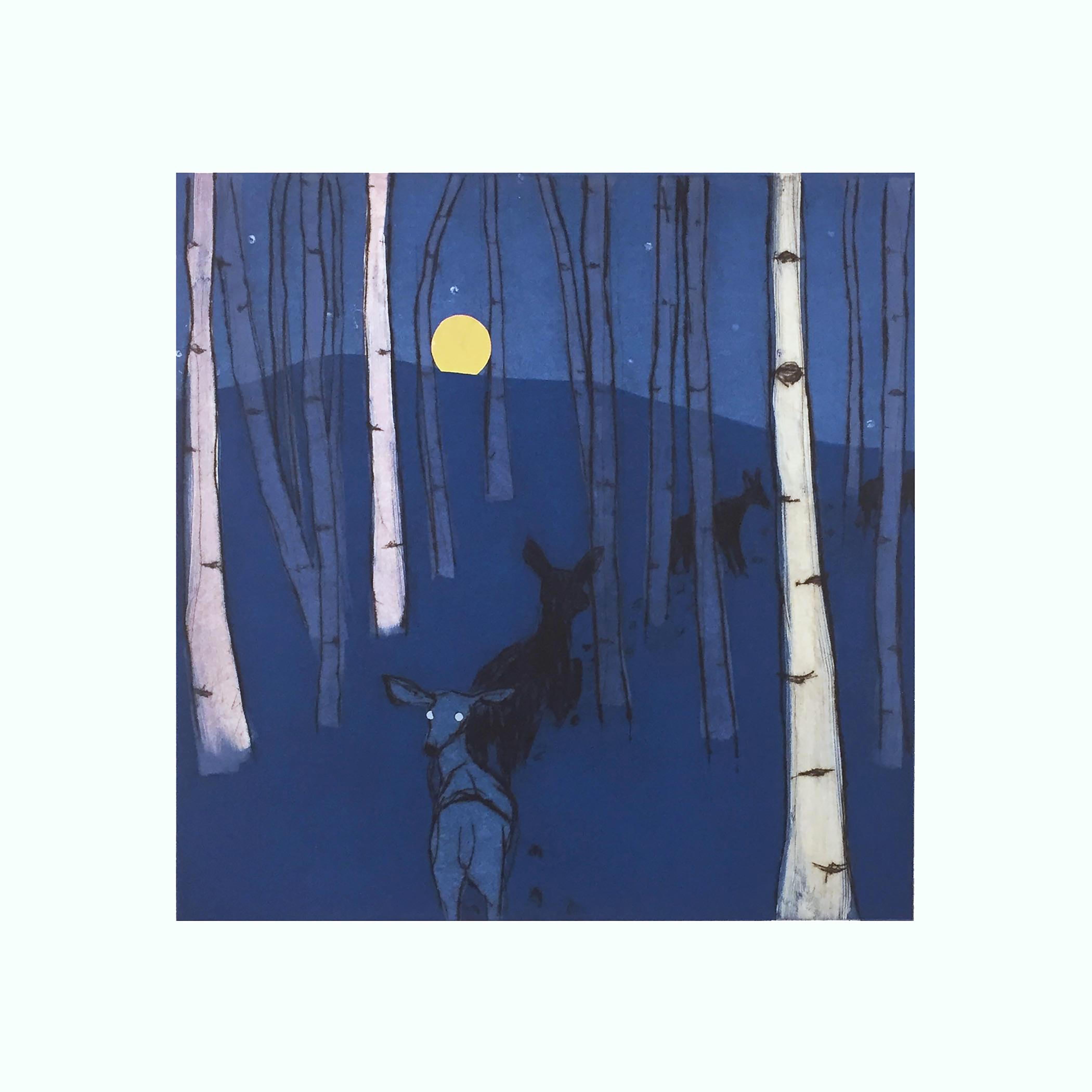 Moonrise 13/20 (night series, nocturne, aspen grove, deer, who's there?, blues) - Print by Paula Schuette Kraemer