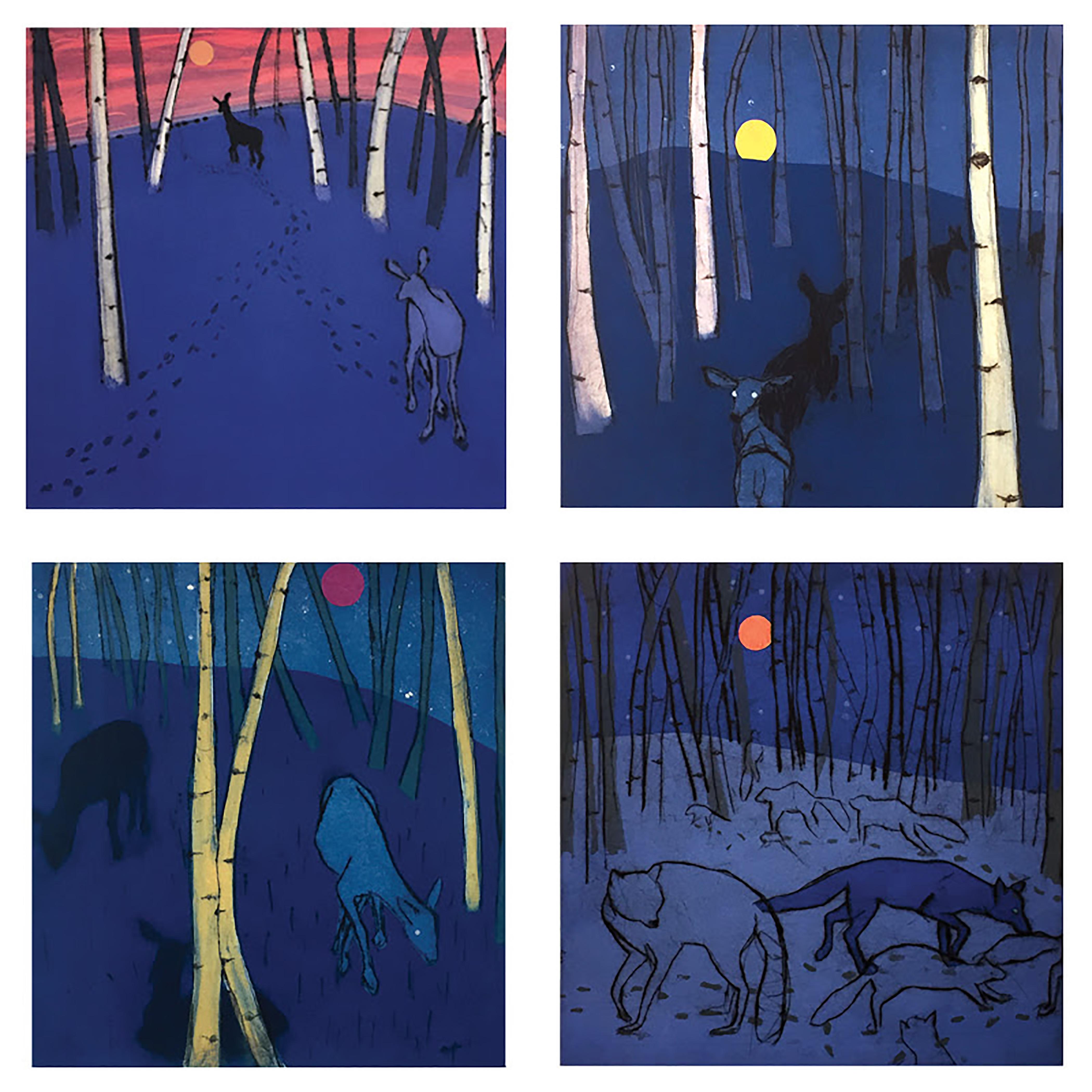 Moonrise 13/20 (night series, nocturne, aspen grove, deer, who's there?, blues) - Gray Animal Print by Paula Schuette Kraemer
