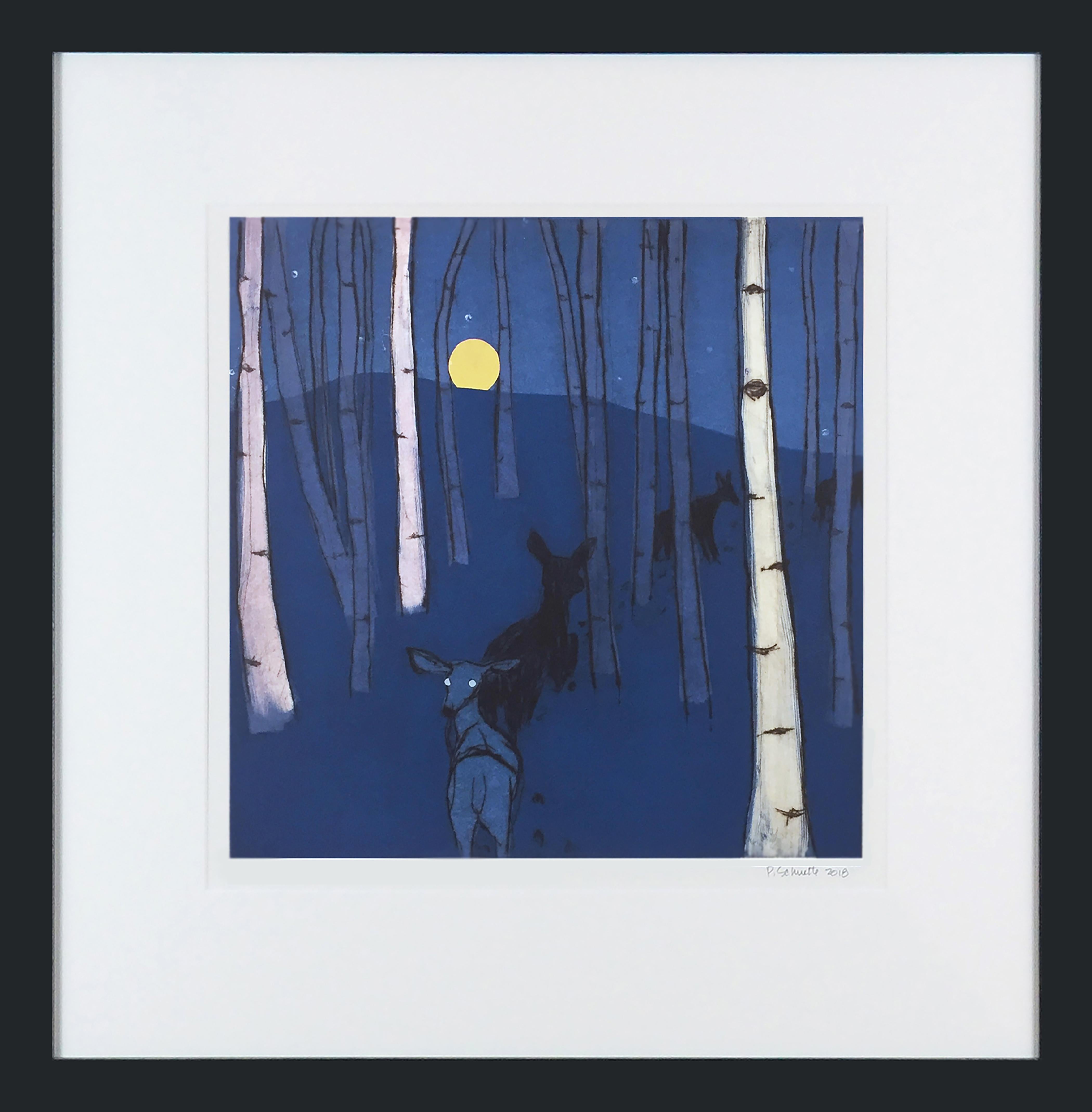 Paula Schuette Kraemer Animal Print - Moonrise 13/20 (night series, nocturne, aspen grove, deer, who's there?, blues)