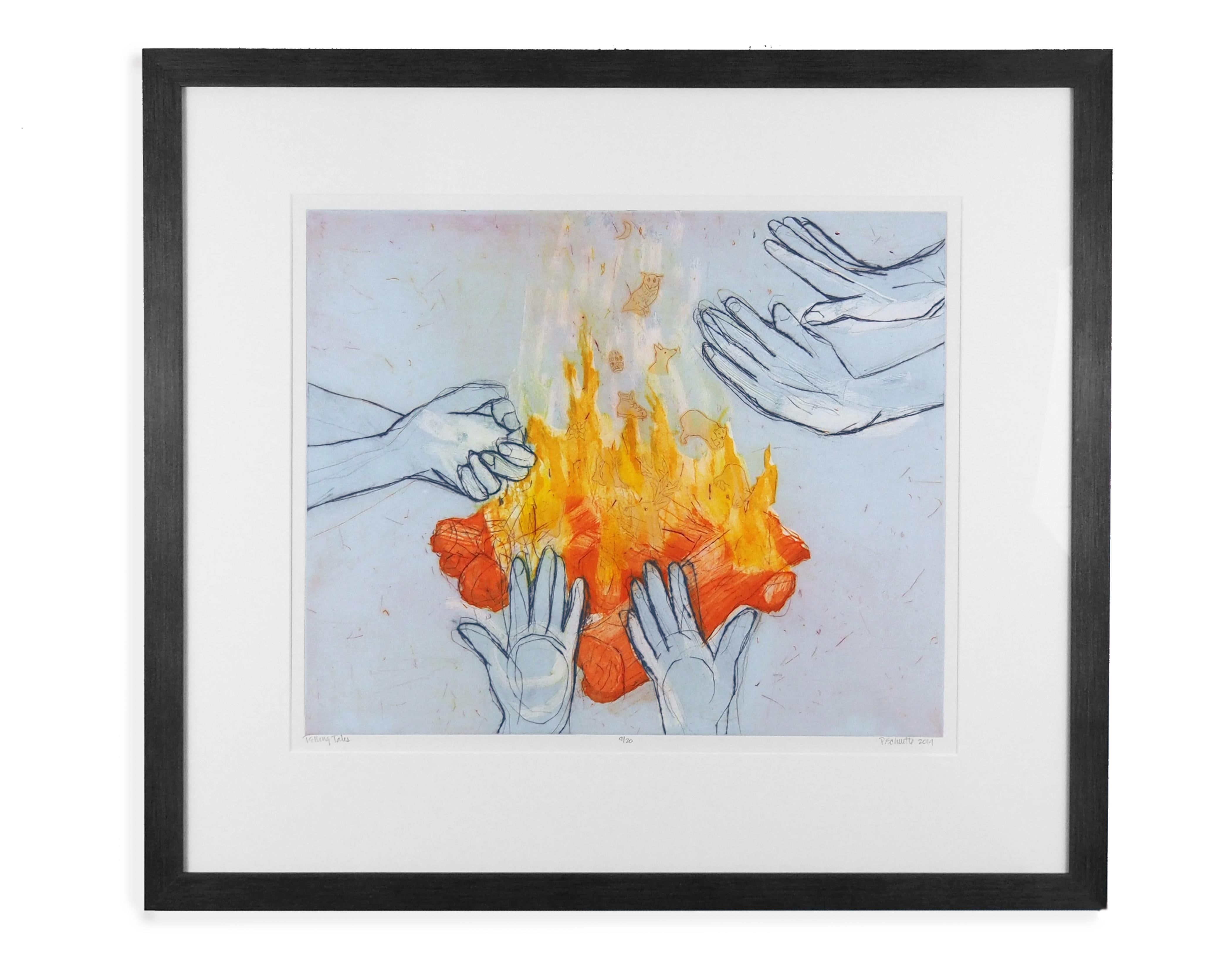 Paula Schuette Kraemer Figurative Print - Telling Tales 8/20 (campfire, hands, community, nature)