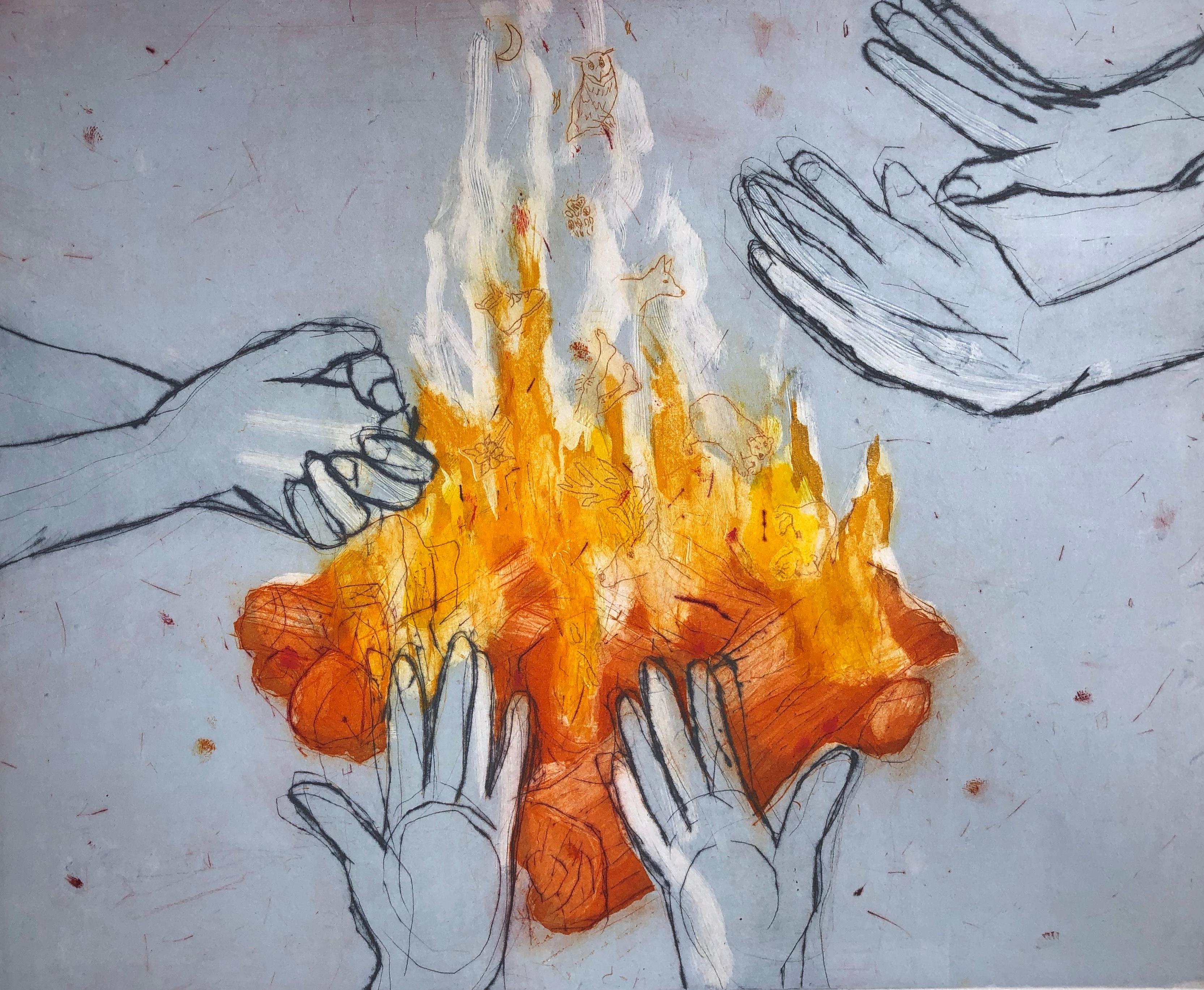 Telling Tales 8/20 (campfire, hands, community, nature) - Print by Paula Schuette Kraemer