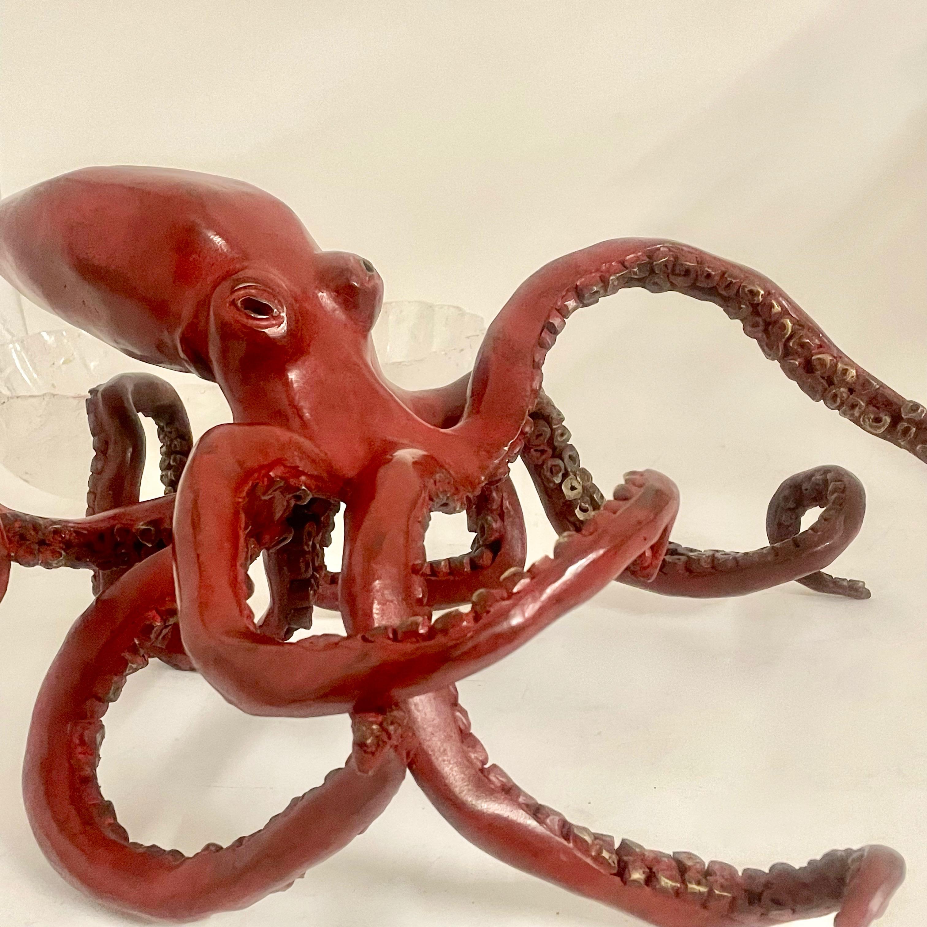 Belgian Paula Swinnen Bronze Octopus Centrepeice with Rock Crystal Bowl For Sale
