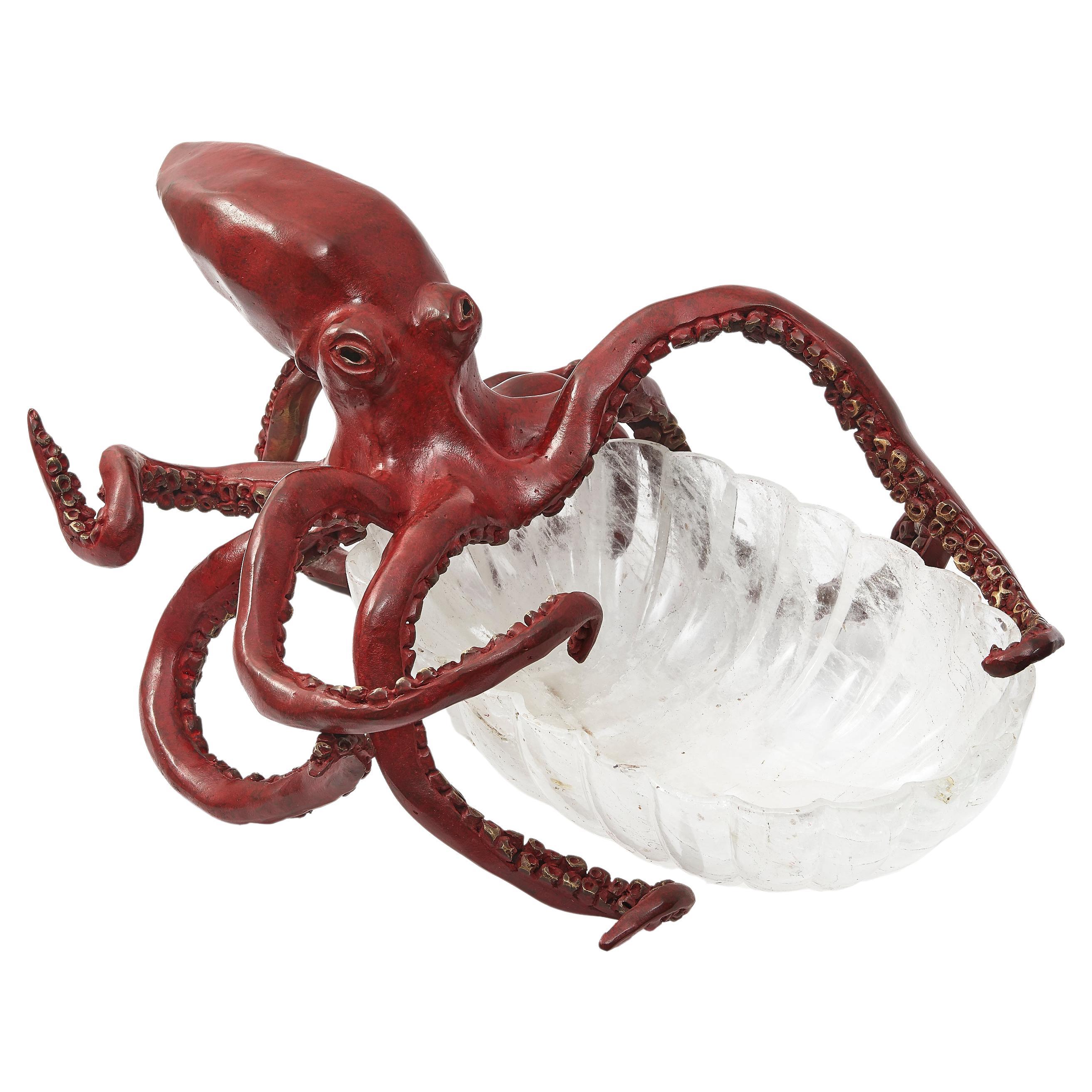 Paula Swinnen Bronze Octopus Centrepeice with Rock Crystal Bowl For Sale