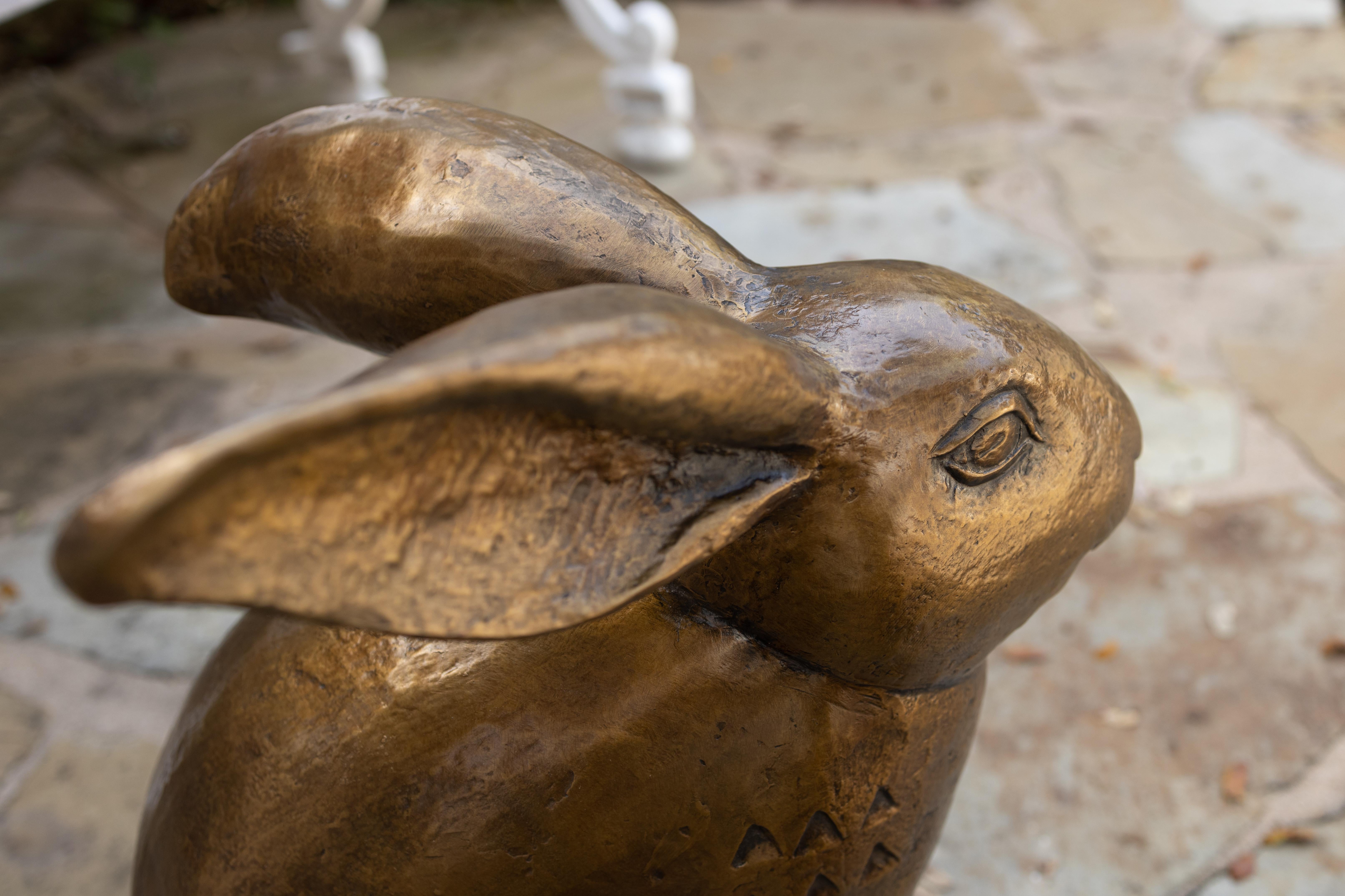 This exquisite bronze sculpture of a rabbit, created by renowned sculptor Paula Zima, stands at 21 x 13 x 20 inches. Its unique design features ornamental triangle indentations on both sides, adding a distinctive texture to the piece. This artful