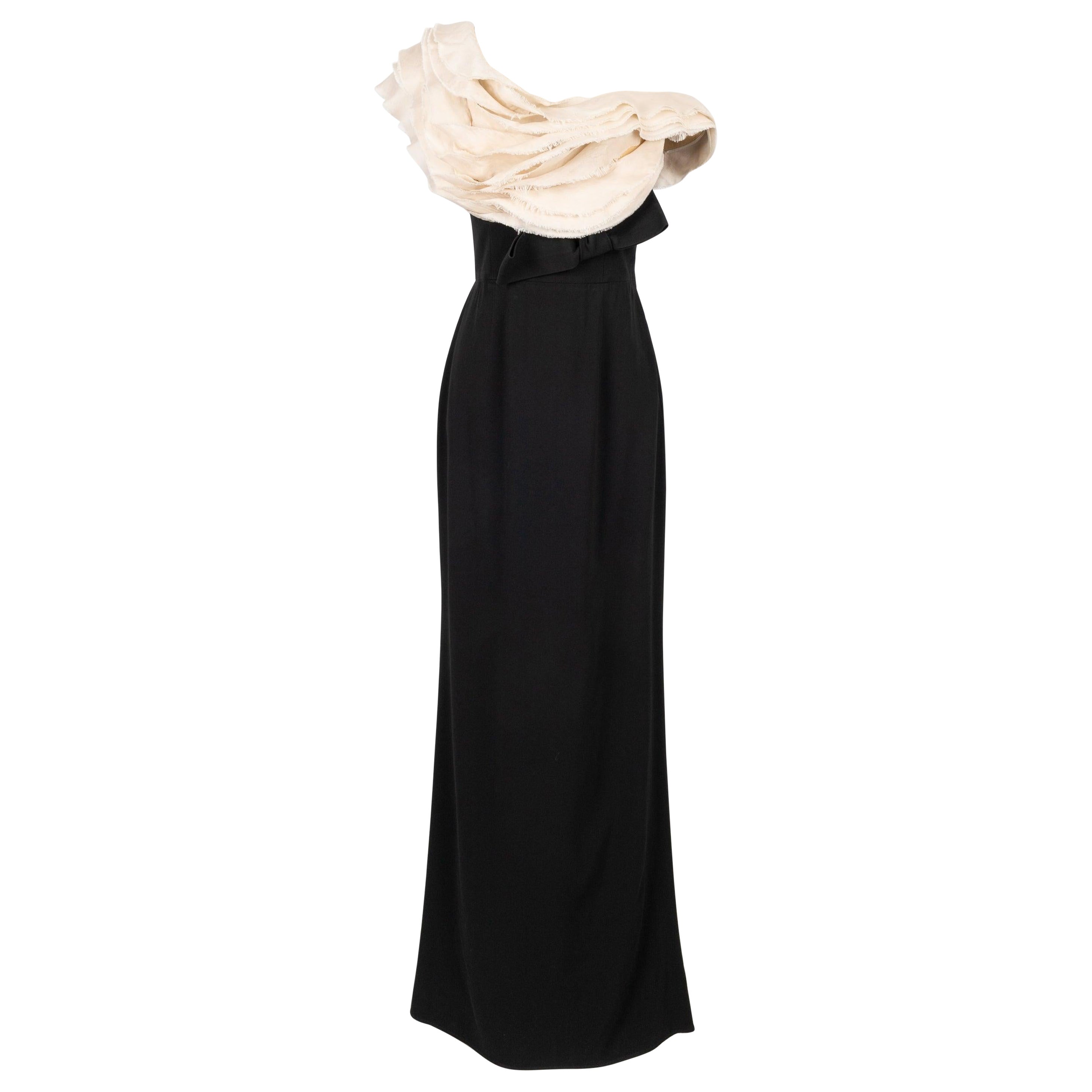 Robe longue Paule Ka noire et beige en crêpe et soie