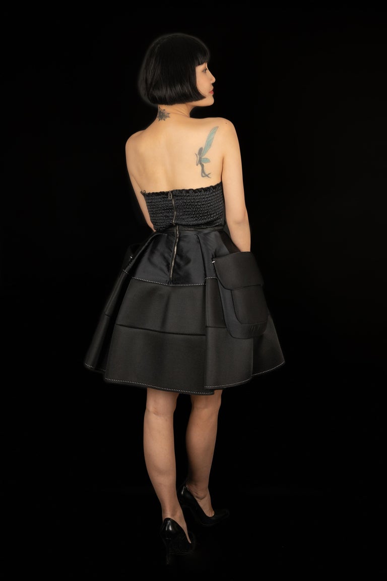 black neoprene dress Long Fitted Neoprene Dress With Beading At Side Waist And Open Back
